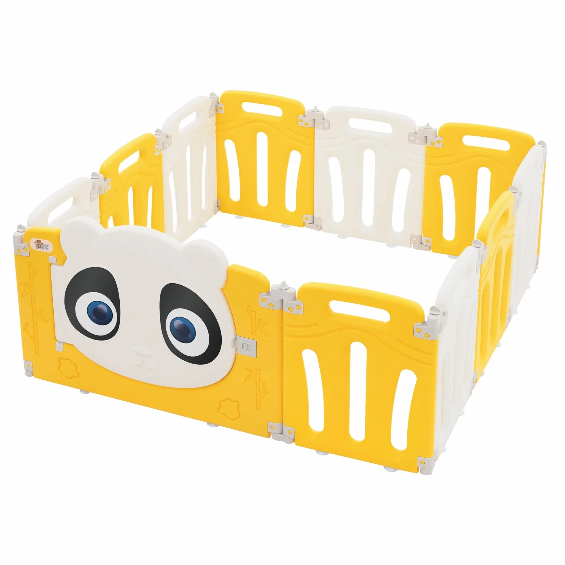 Joyz Box Bambini 120x120 cm Pieghevole Design Panda Bianco/Giallo Cancelletto con Porta e Orologio Didattico Recinto in Plastica per Interni/Esterni Cancelletto per l’Esplorazione dei Neonati