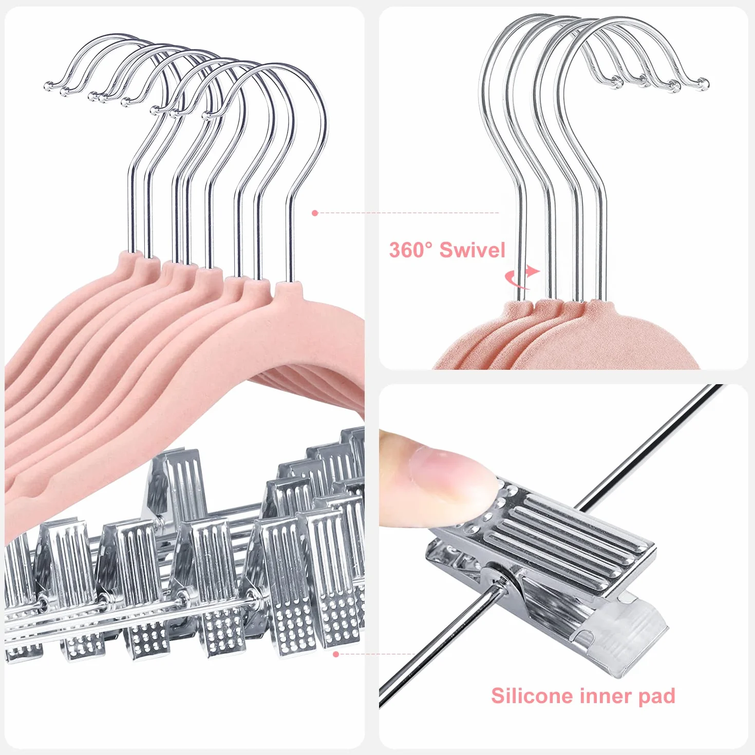 Grucce in velluto per bambini 30 cm con clip mobili antiscivolo ultra sottili salvaspazio 16 pezzi rosa