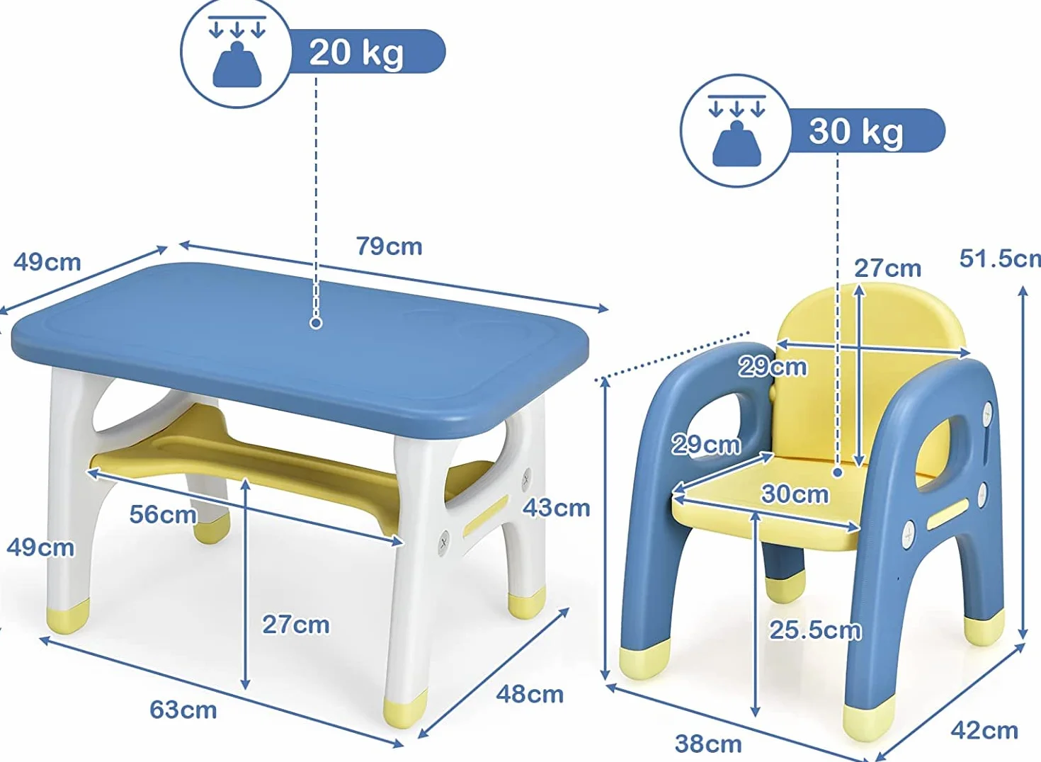RELAX4LIFE Set Tavolo e Sedia per Bambini, Sedia a Forma di Dinosauro, Inclusi 3 Set di Costruzioni, Carico 30 kg (Blu)