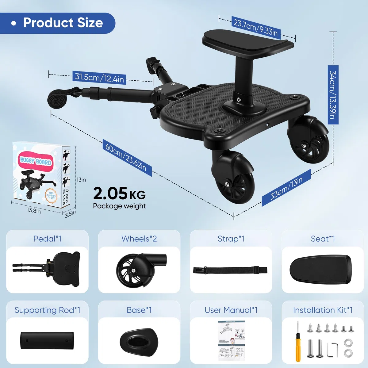 Pedana Passeggino Universale con Sellino,Tavolette Portatili per Passeggini Adatto al 99% dei passeggini, Design a due Ruote, Accessorio per Passeggino per Bambini di 2-6 anni 25 kg, Nero
