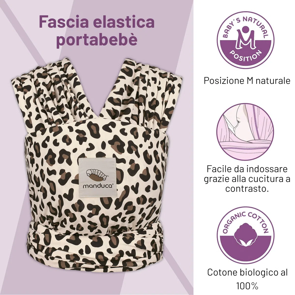 manduca Sling - Fasciatoio Neonato - Marsupio Elastico e per neonati dalla nascita fino a 15 kg - Puro cotone biologico - Leopardo