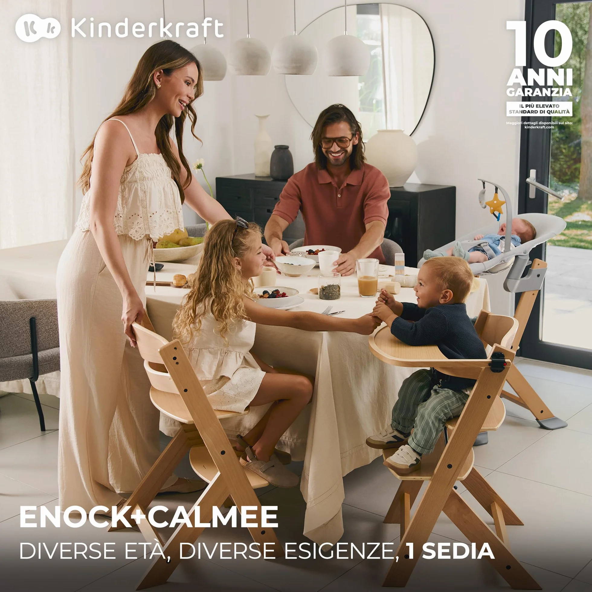 Kinderkraft ENOCK Seggiolone Pappa + Sdraietta CALMEE Legno Evolutivo Multifunzionale Sedia Ergonomica Altezza Regolabile 6 Mesi 10 Anni