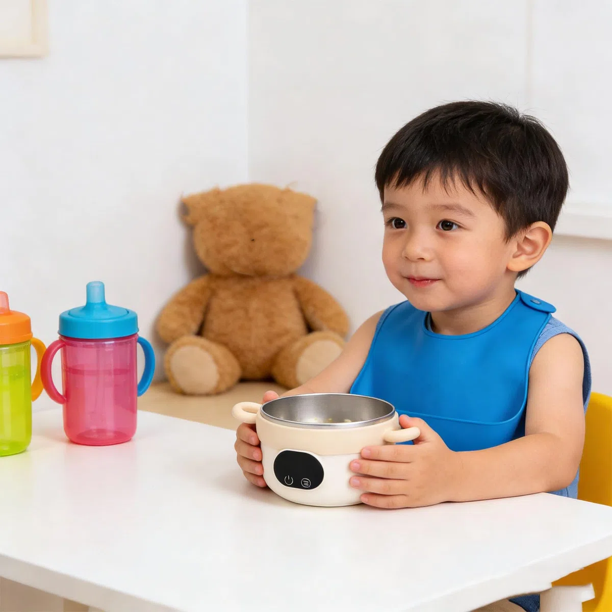 Ejoyous Ciotola per Alimenti Intelligente, Acciaio Inossidabile 304, Riscaldamento Rapido, capacità 470 Ml, Perfetta per Neonati e Bambini Piccoli (Color crema)