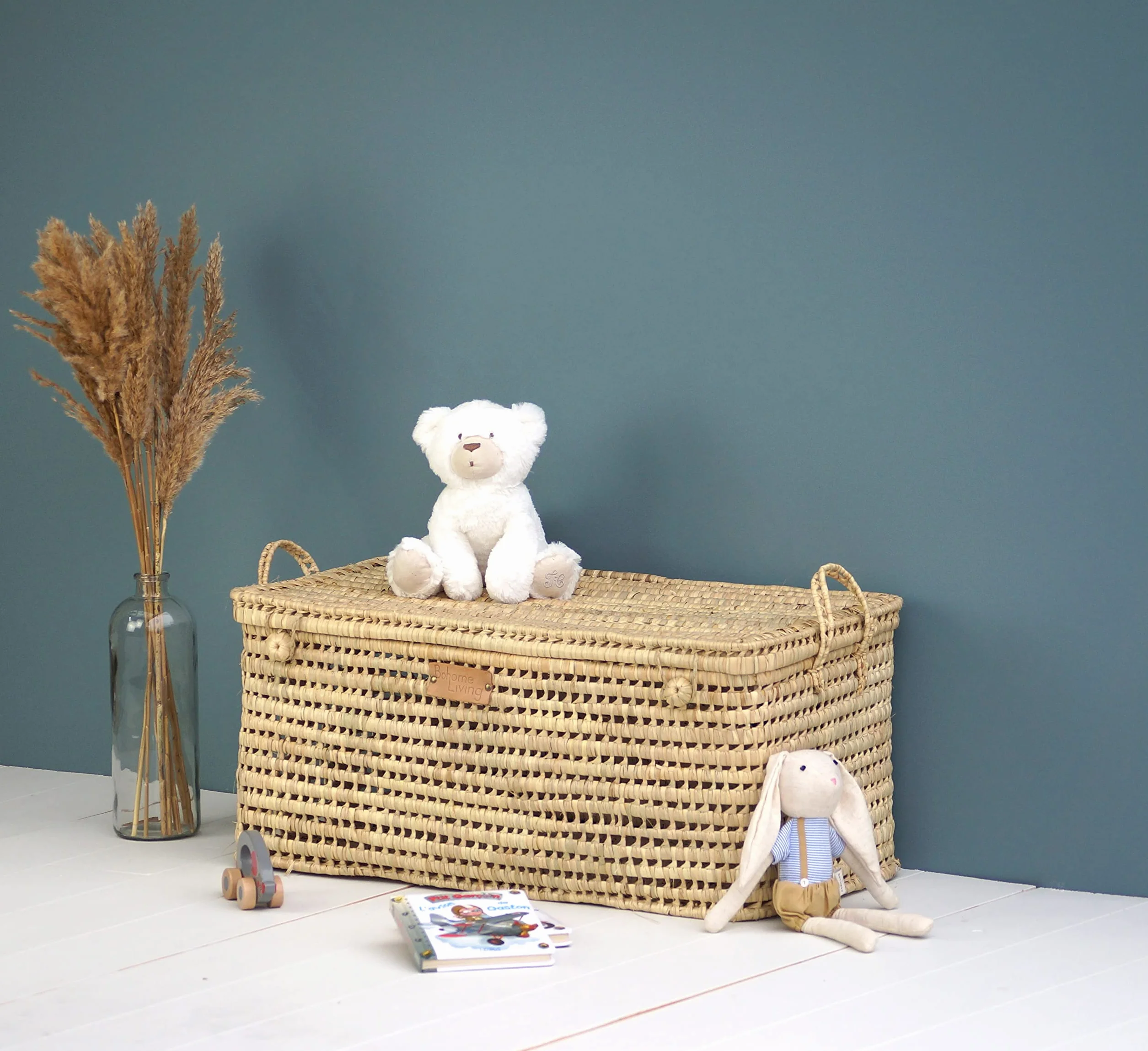Baule Contenitore in Vimini Intrecciato, Cesto Portaoggetti, Portabiancheria, Decorazione Boho Chic (80cm)