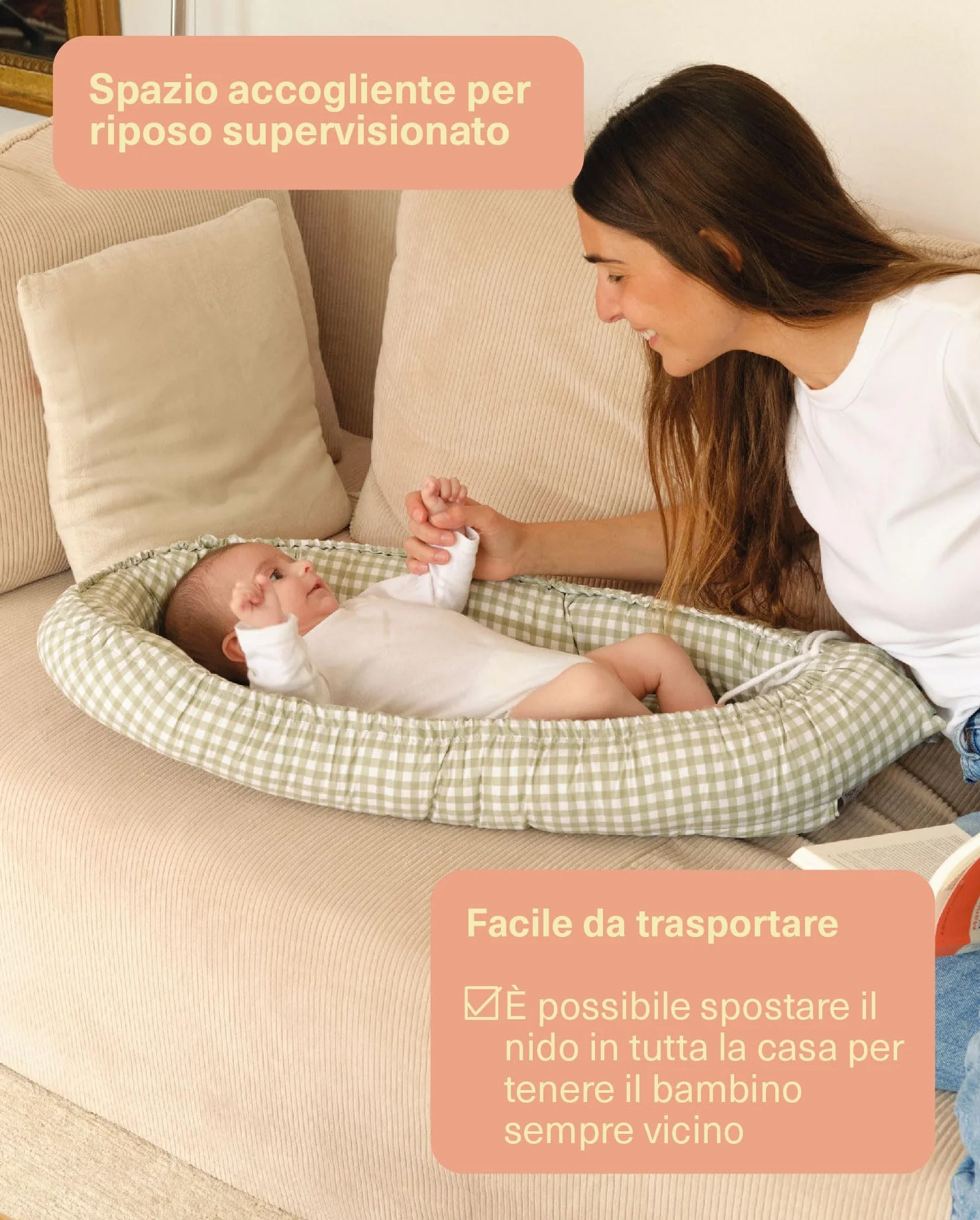 molis&co. Nido per bebè 90x50 cm Riduttore culla Co-sleeping Nest neonati Cotone Lettino portatile viaggio OEKO-TEX 100 Mint Tea