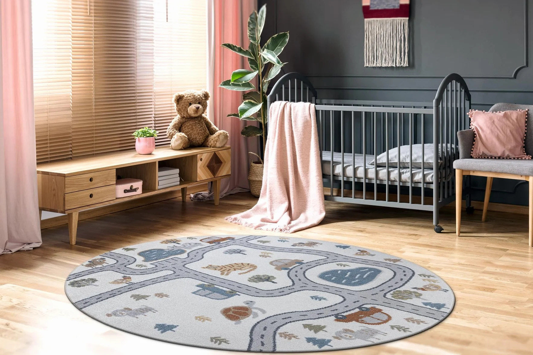 rugsx Tappeto bambini BONO 8283 Per la stanza del bambino, tappeti da gioco, camera dei bambini, Strada, animali, crema/grigio chiaro, cerchio 100 cm