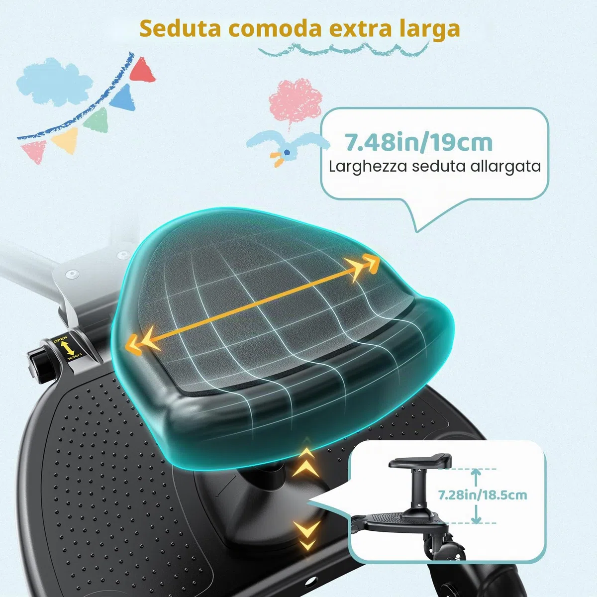 Pedana Passeggino Universale, Tavola per Bambini con Sedile più Ampio e Confortevole e Zone di Poggiapiedi più Ampie, Compatibile con il 99% Delle Carrozzine, Portata 25 kg