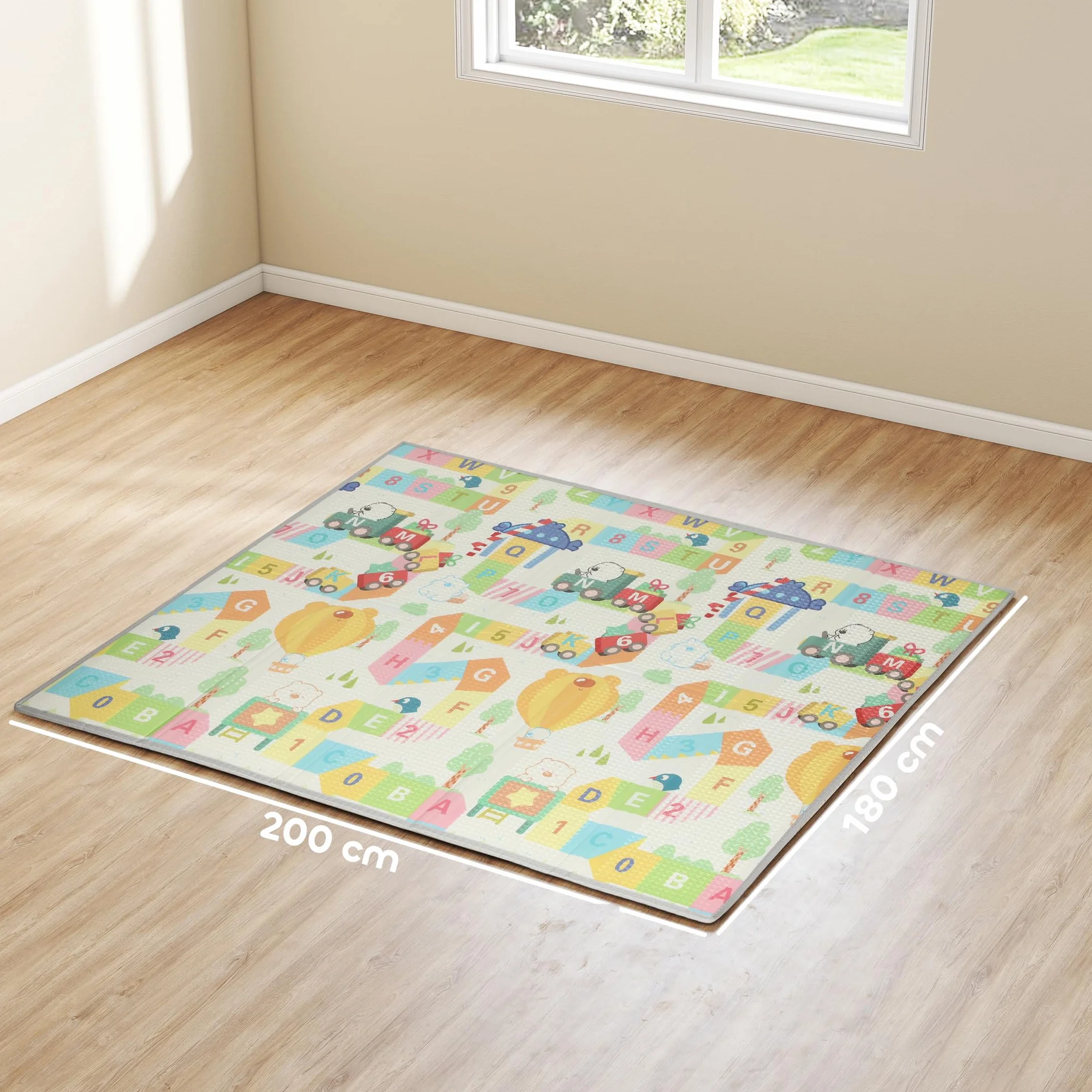 AIYAPLAY Tappeto per Bambini 0-3 Anni con Bordi Cuciti, Lettere dell'Alfabeto e Superficie Impermeabile, Tappeto Gattonamento in XPE e PE, 200x180x1.5 cm, Multicolore