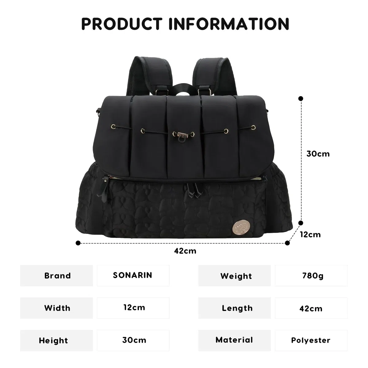 SONARIN Elegante Impermeabile Zaino Fasciatoio,Multifunzionale Grande Capacità Borsa per Pannolini Zaino Mamma Neonato Borsa Fasciatoio da Viaggio con Fasciatoio & Spalline Singola(Nero)