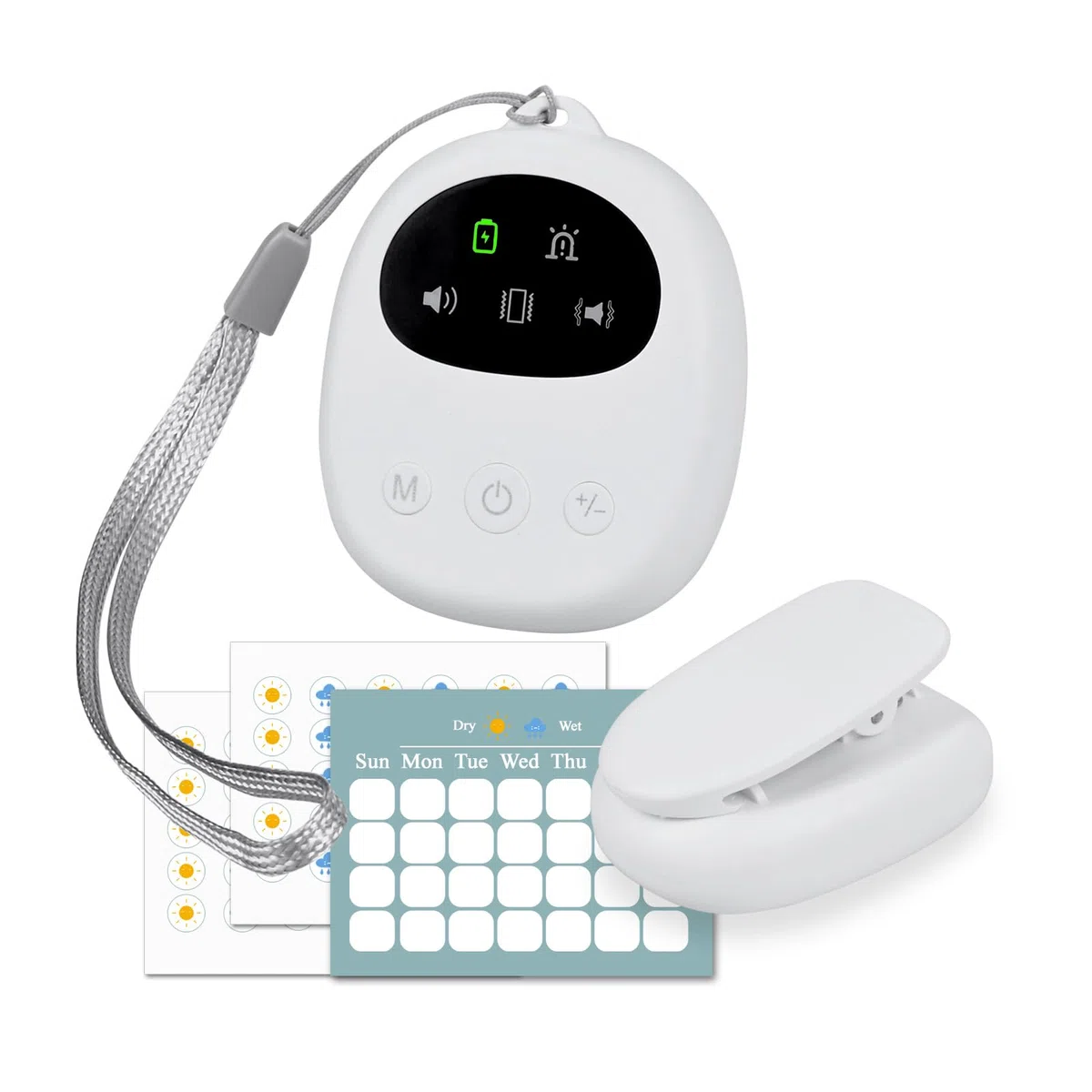 Allarme Enuresi Compatto per Bambini e Adulti di MMOBIEL – Sensore di Umidità Cablato con Clip – Suono, Vibrazione e Luce – Ricaricabile USB – Volume Regolabile – Apprendimento del Vasino