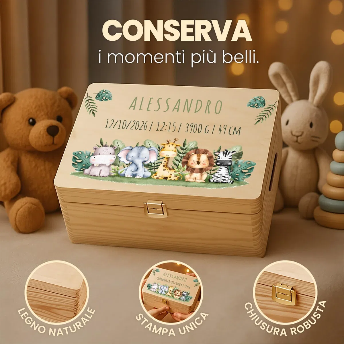 Maverton Scatola Ricordi Neonato o Neonata Personalizzata - Scatola Regalo per Bambini in Legno di Pino Naturale - Regalo Battesimo Bimbo o Bimba - regalo di Natale - Porta Oggetti per Ricordi Nascita