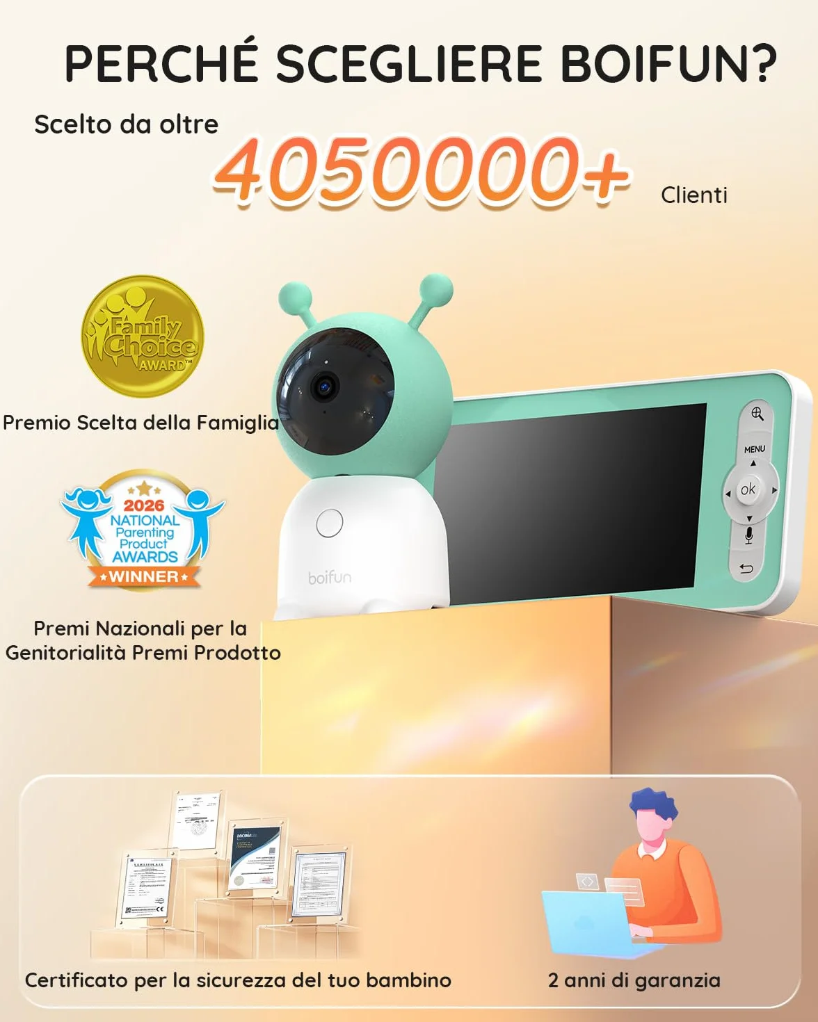 BOIFUN 2K Baby Monitor WiFi 360° con Luci Notturne, Display LCD 5" 3MP, Auto Tracking, Rilevamento Movimento e Suono IA