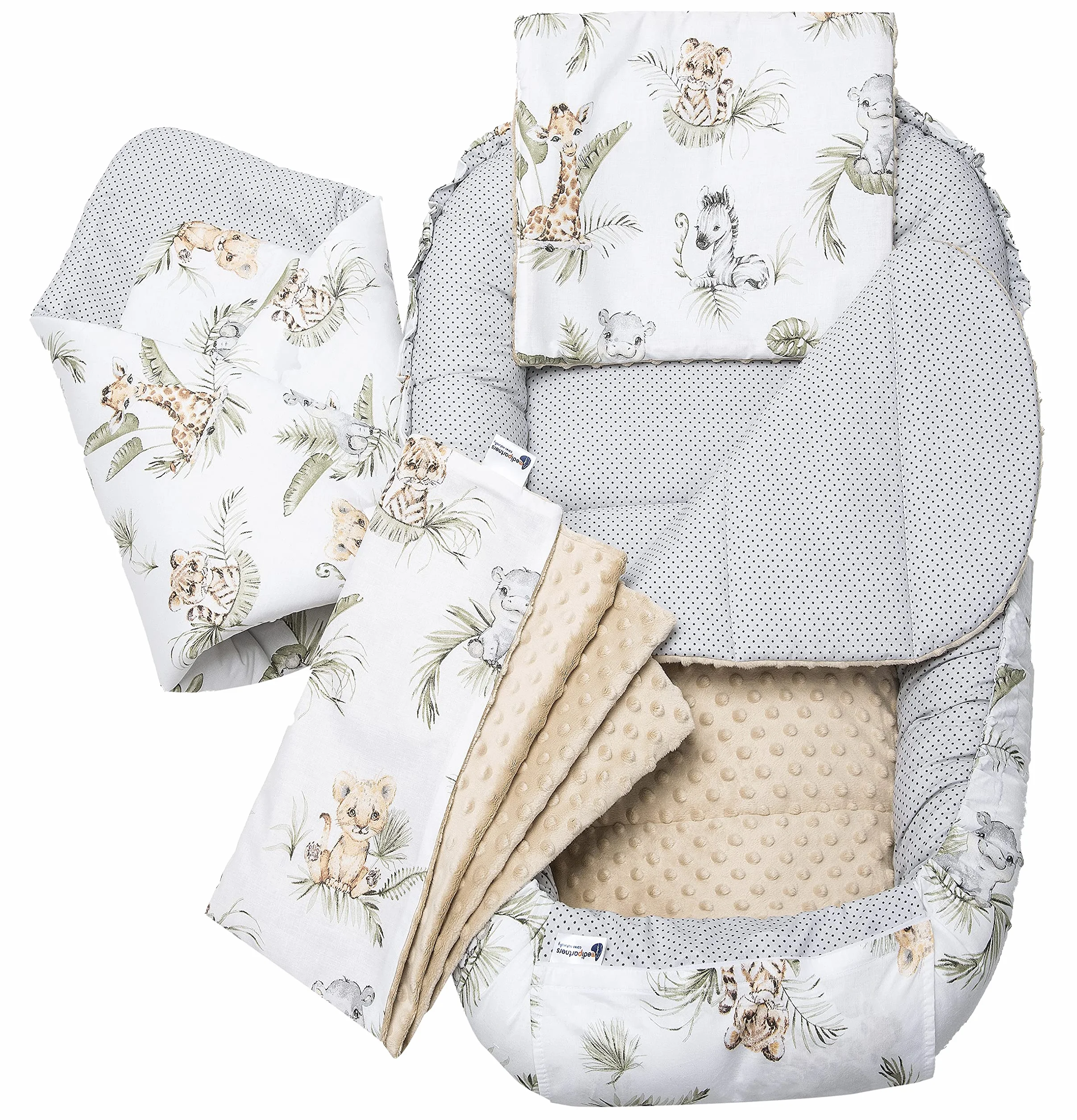 Medi Partners Riduttore Lettino Neonato 100x60x15 Nido Antisoffoco 5-Parti Bozzolo Culla Bebè Cuscino 100% Cotone Safari Minky beige