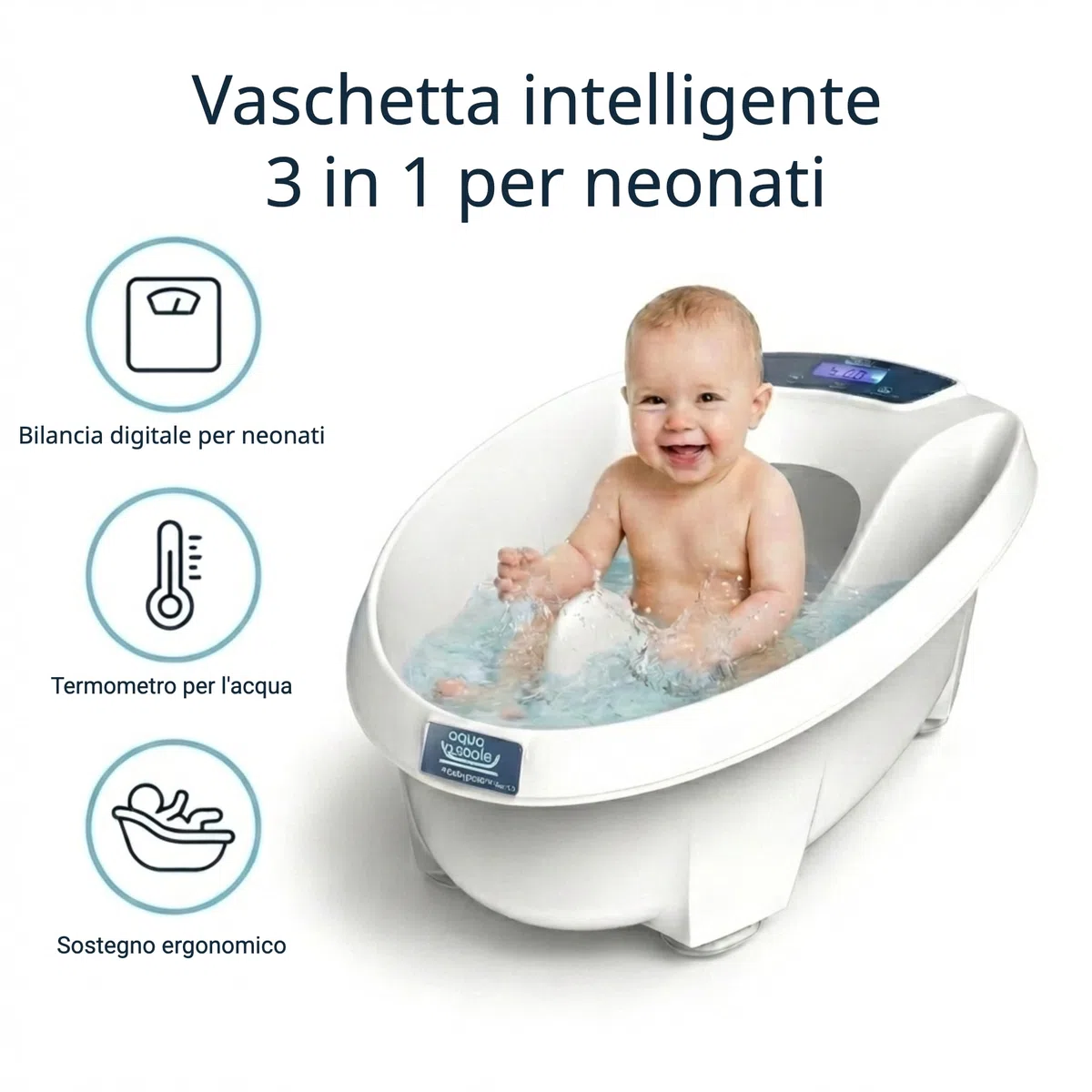 AquaScale 3-in-1 Vaschetta Bagnetto Neonato, Bilancia Digitale e Termometro per L'Acqua, Next Generation V3