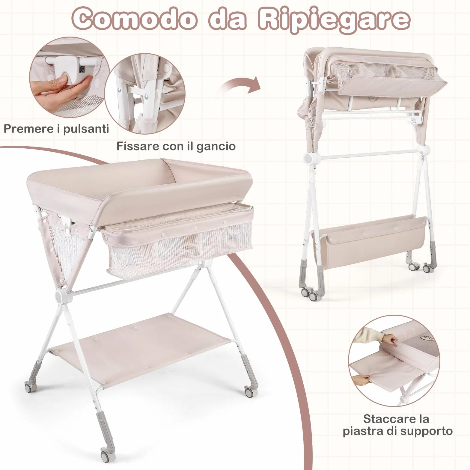 COSTWAY Fasciatoio Pieghevole per Bambini, Altezza Regolabile 3 Livelli, Ruote Bloccabili, Beige