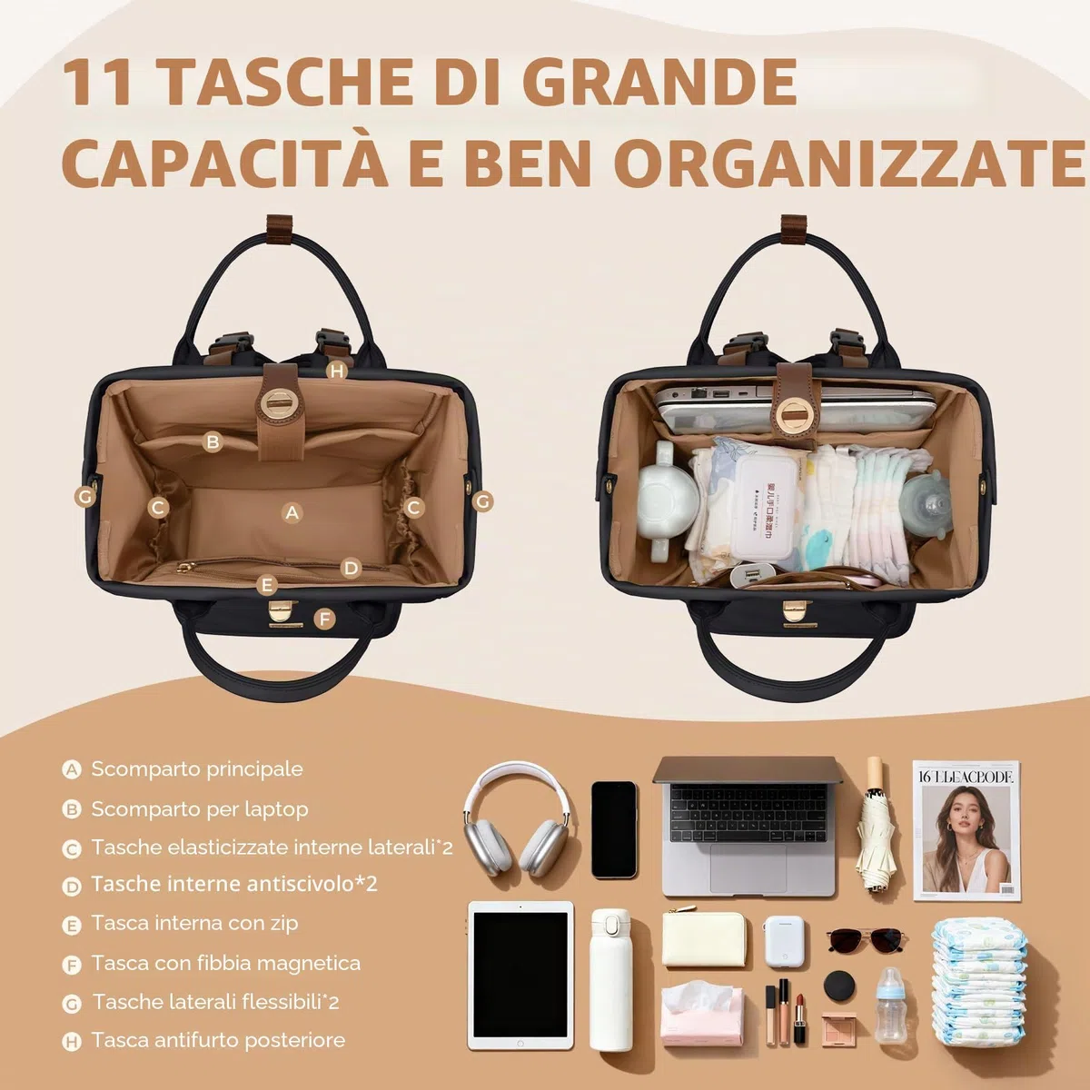 Zaino per pannolini, borsa per pannolini multifunzione resistente all'acqua con gancio, borsa per pannolini da appendere casual per mamma