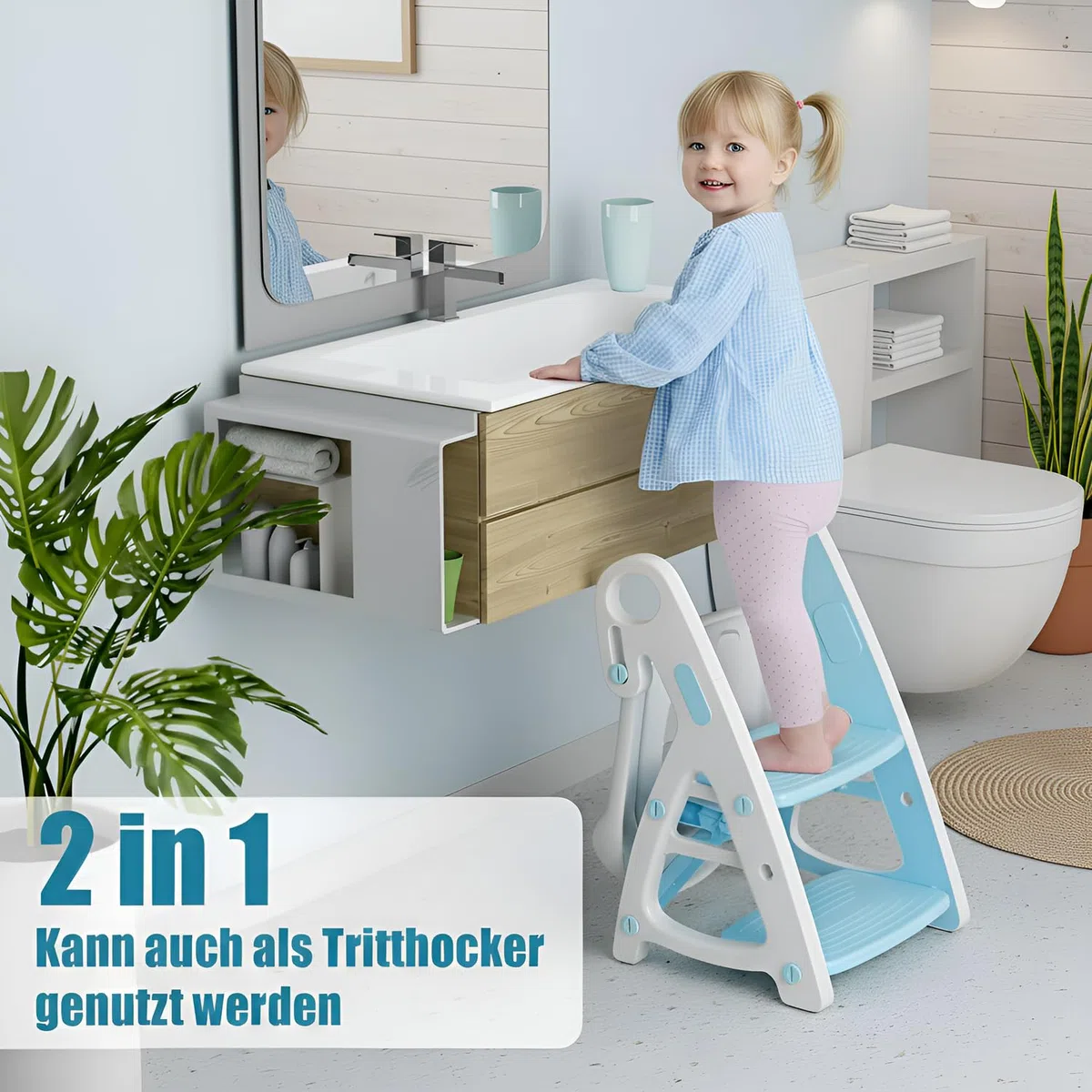 Riduttore wc per Bambini, Scaletta wc per Bambini, Sedile WC e Sgabello Bambini 2 in 1, Portatile Pieghevole, Adatto per Tazze a V, U Oppure O, Vasino con PU Morbida, Gradini Ingranditi (Blu)