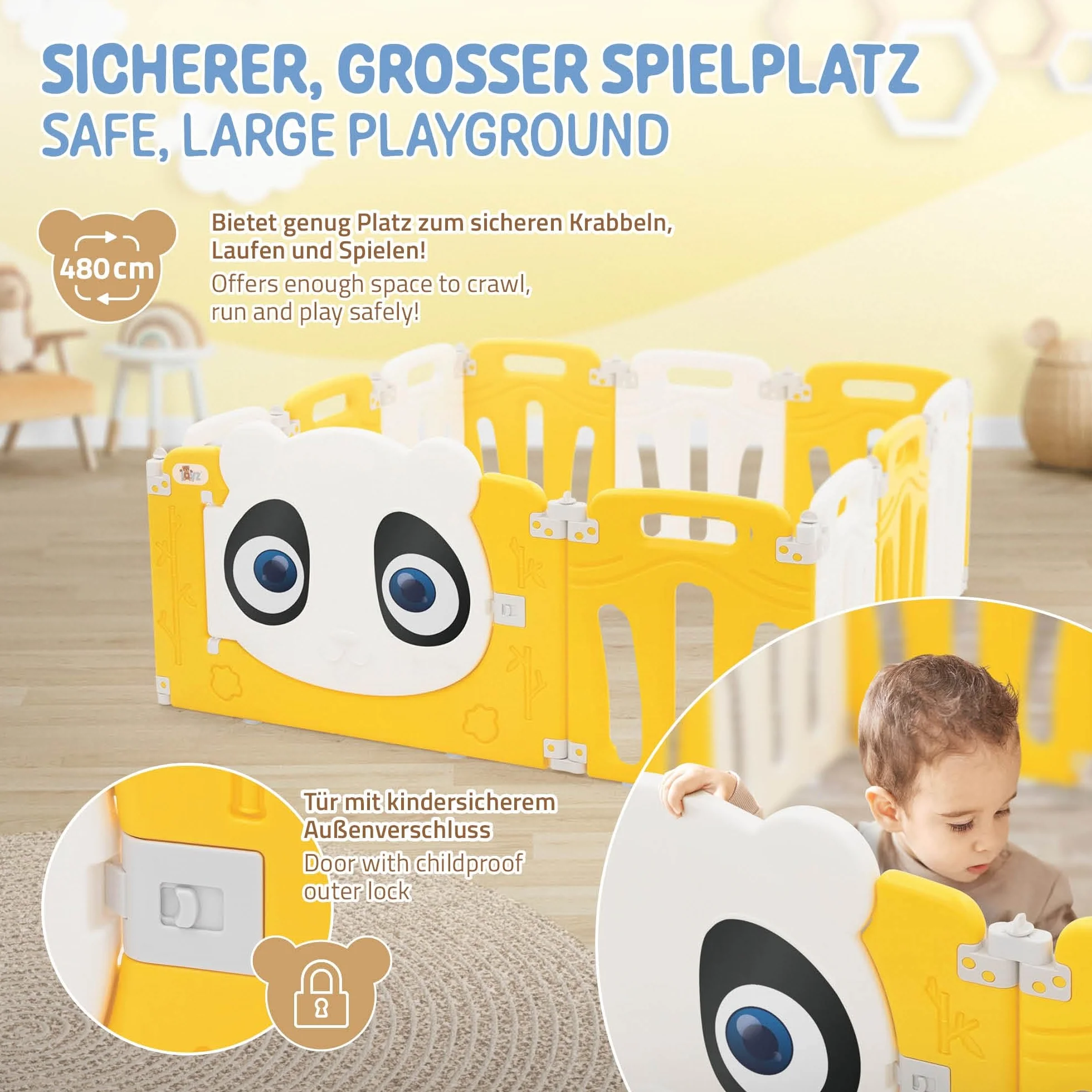 Joyz Box Bambini 120x120 cm Pieghevole Design Panda Bianco/Giallo Cancelletto con Porta e Orologio Didattico Recinto in Plastica per Interni/Esterni Cancelletto per l’Esplorazione dei Neonati