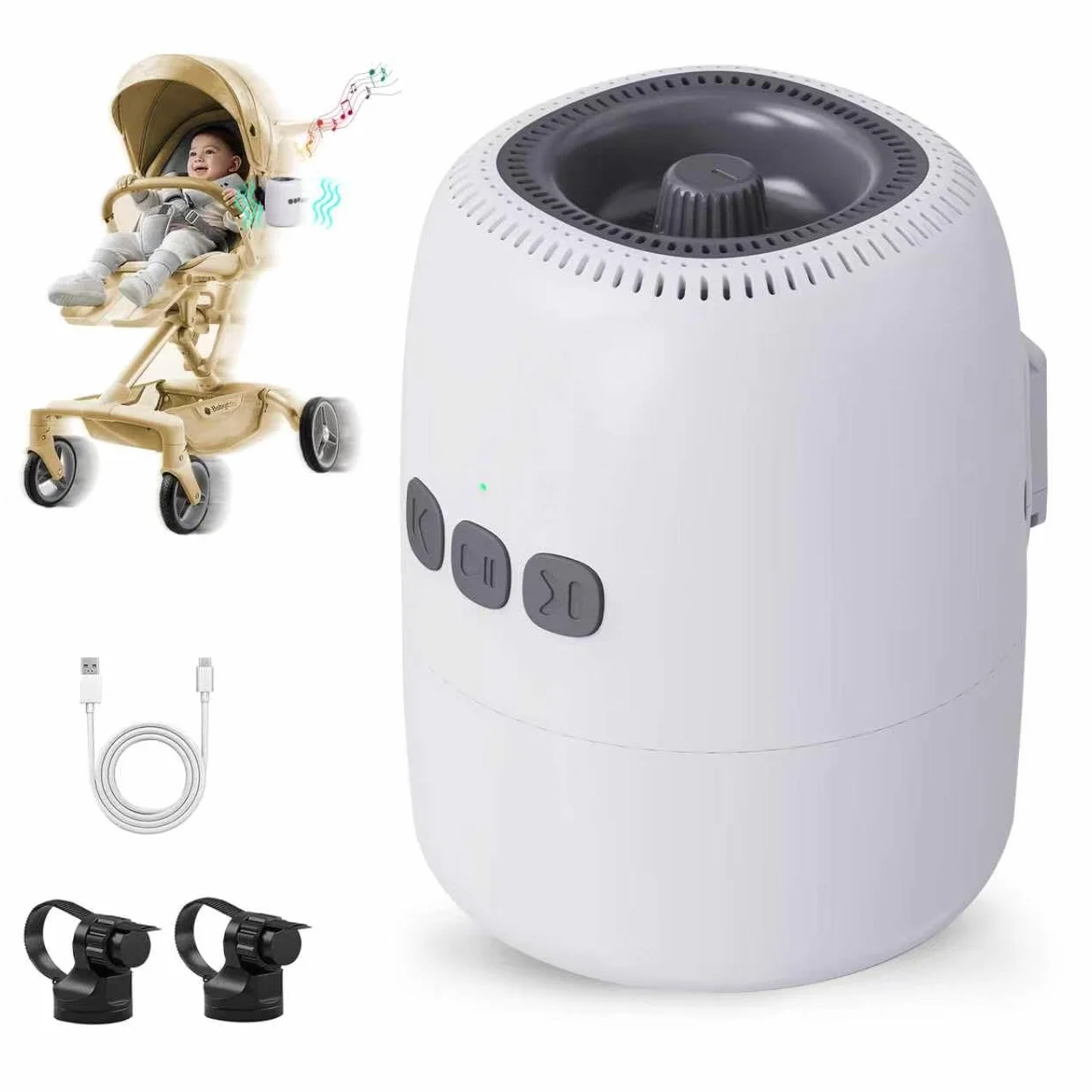 Baby Rocker Ricaricabile, Dondola Passeggino con 5 Livelli di Oscillazione e Rumore Bianco - Regolabile, Ultra Silenzioso, USB-C, 2 Supporti Universali per Tutti i Passeggini (Bianco)