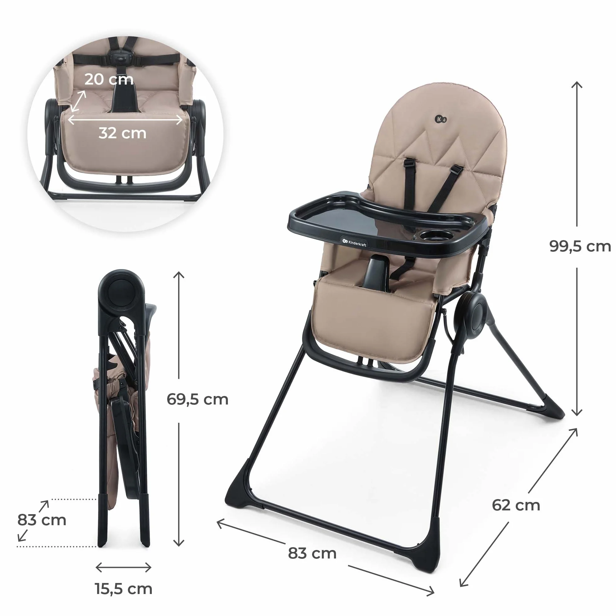Kinderkraft BINCI Seggiolone Pieghevole Leggero con Vassoio Regolabile, Poggiapiedi e Cintura a 5 Punti, Beige
