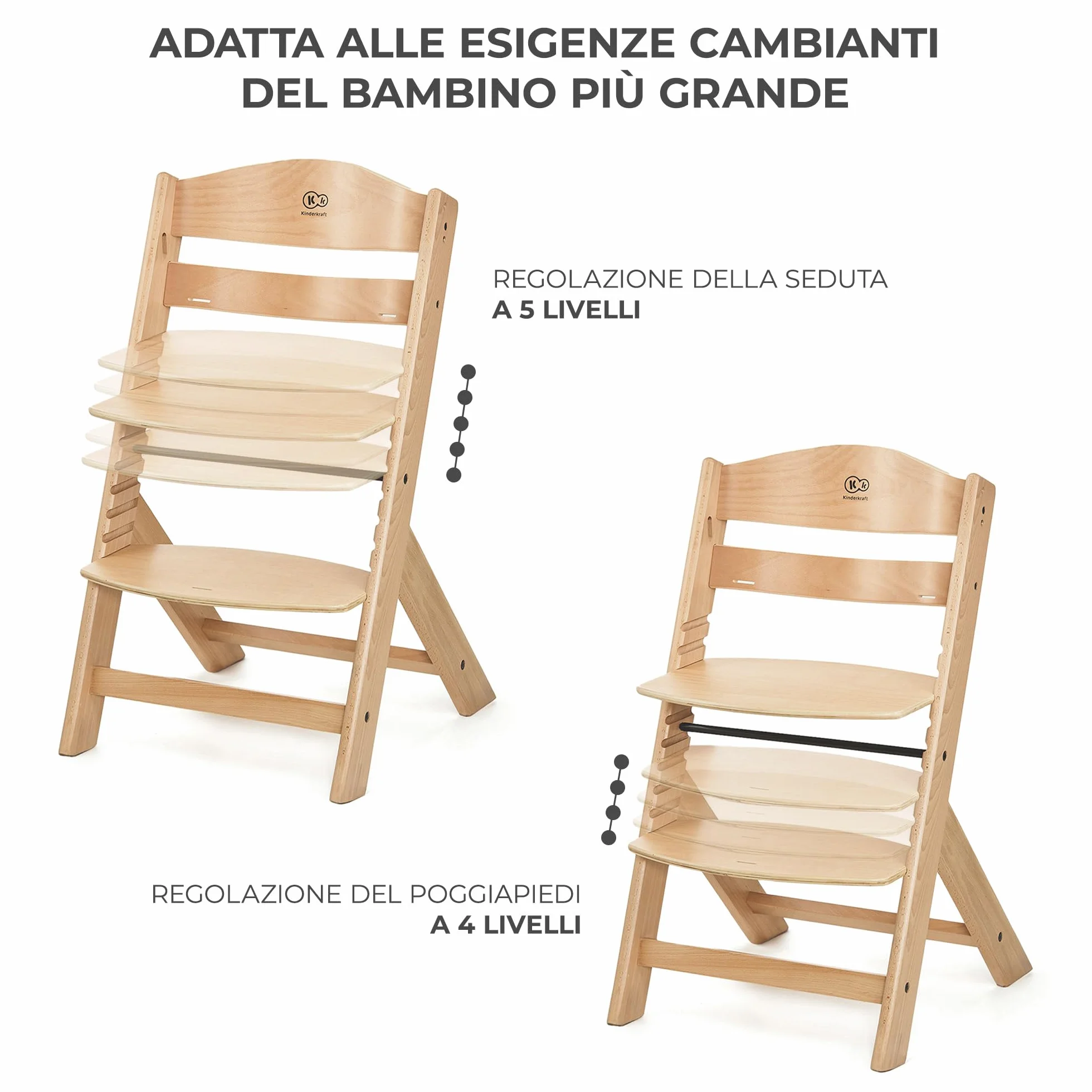 Kinderkraft ENOCK Seggiolone Pappa + Sdraietta CALMEE Legno Evolutivo Multifunzionale Sedia Ergonomica Altezza Regolabile 6 Mesi 10 Anni