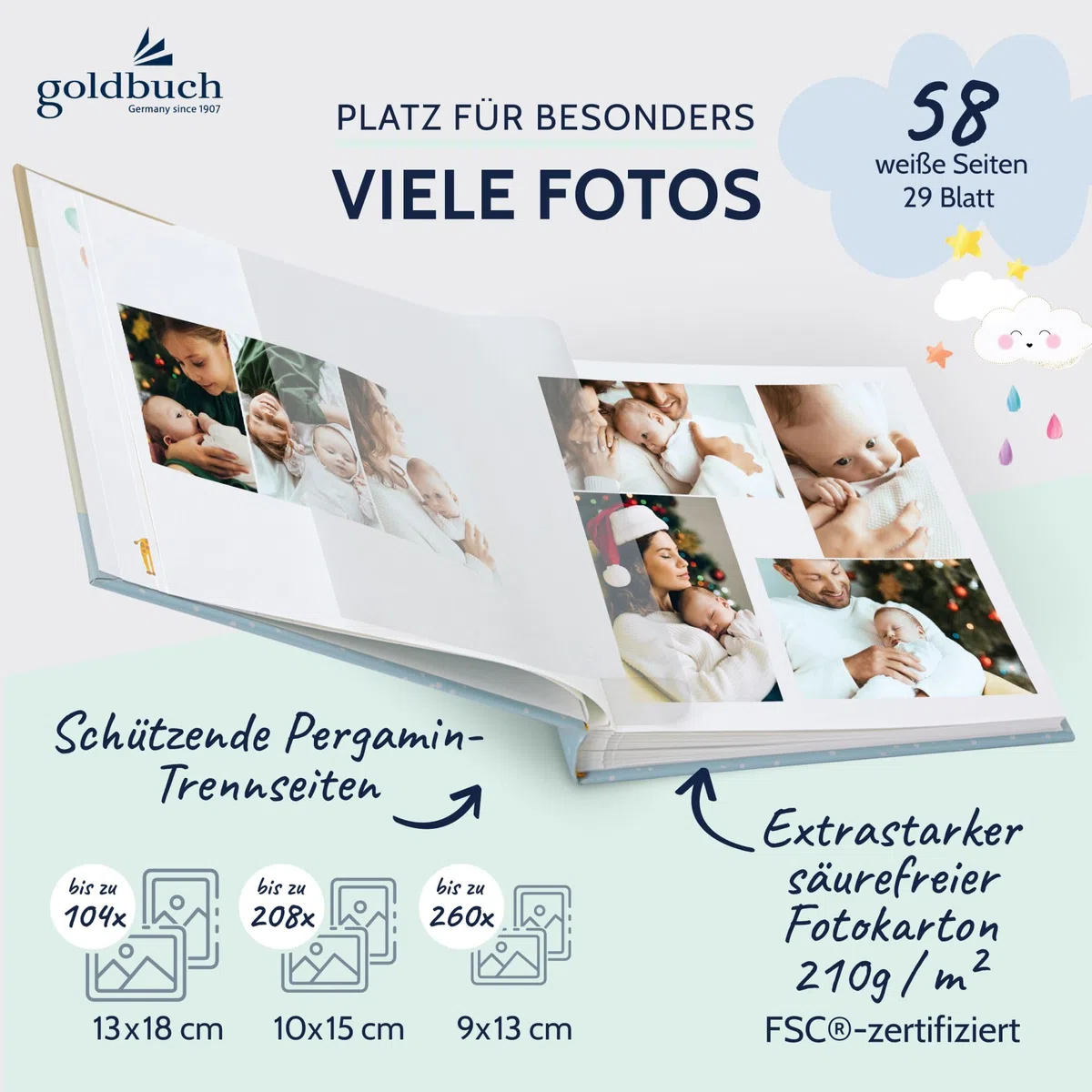 goldbuch 15 395 Blue Whale - Album fotografico per neonati, 30 x 31 x 4 cm, 58 pagine bianche e 4 pagine illustrate, copertina in stampa con motivo balena, album, album fotografico, colore: Beige/Blu