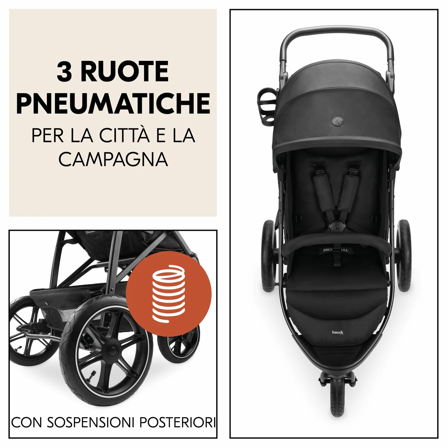 Hauck Rapid 3 Air Nero Passeggino 3 Ruote Gonfiabili Ammortizzate dalla Nascita fino a 22 kg Schienale Reclinabile Maniglione Regolabile Cappotta UPF 50+ Cesto Portoggetti Pieghevole