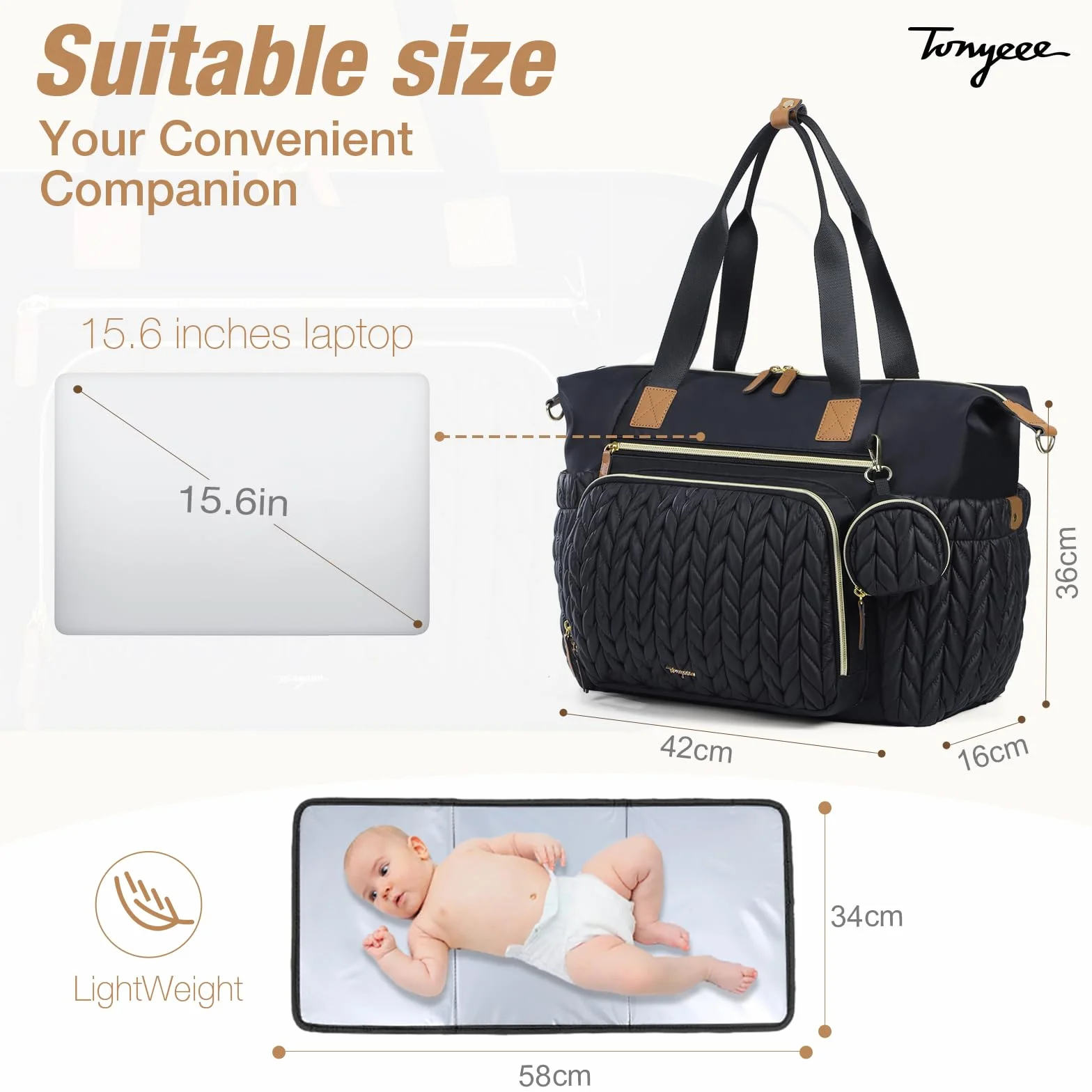 Borsa Fasciatoio a Tracolla Multifunzione per Pannolini da Viaggio con Tasche Isolate, Nero