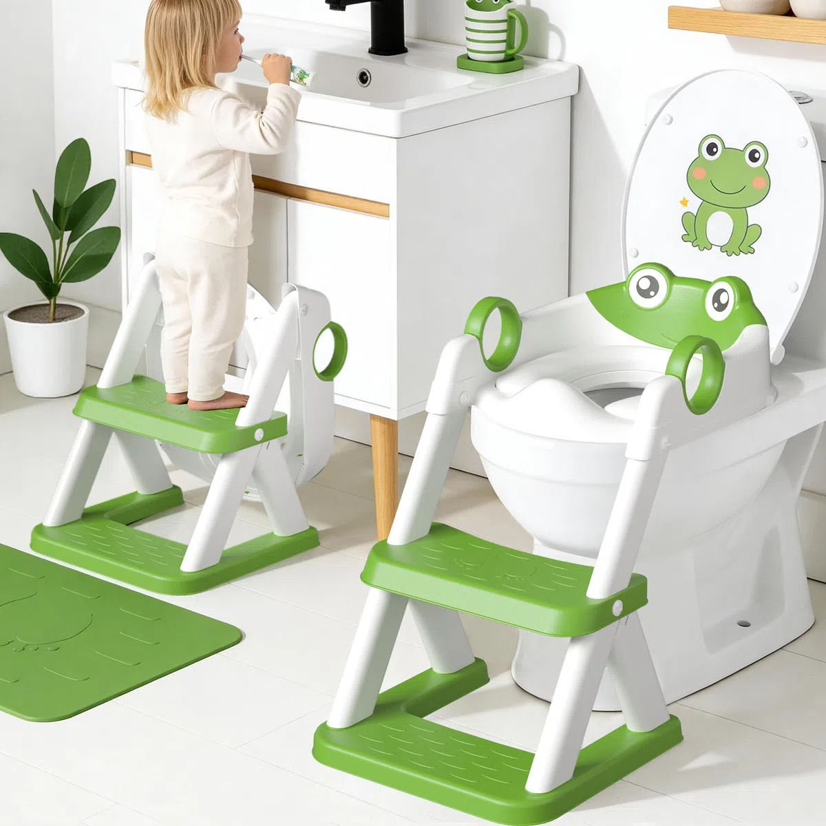 COOSEYA Riduttore Wc Bambini A Forma Di Rana,2 In 1 Vasino Con Scaletta Per Bambini Wc,Tappetino Impermeabile E Sgabello Antiscivolo,Verde