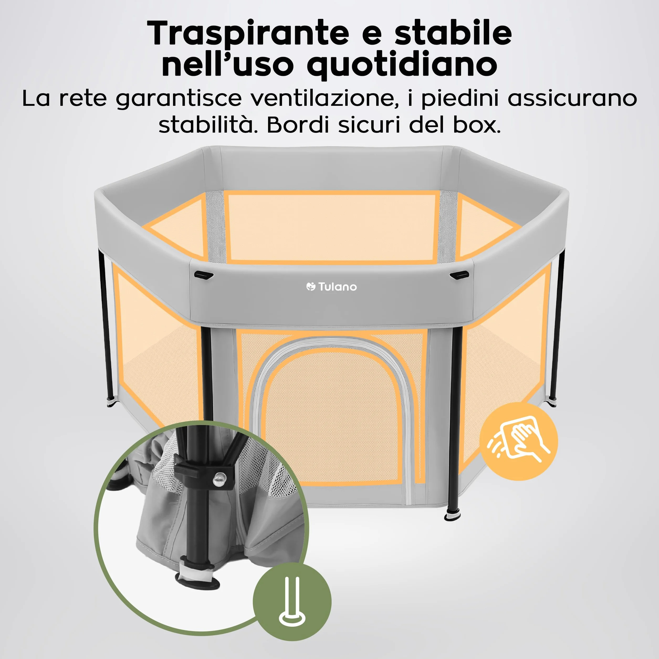 Tulano Cozy 30 Box per Bambini 125x125 cm – da 6 a 36 mesi – Recinto Neonato con Fondo – Struttura in Metallo – Rete Traspirante – Porta con Cerniera – Borsa Inclusa – Casa e Giardino – Grigio