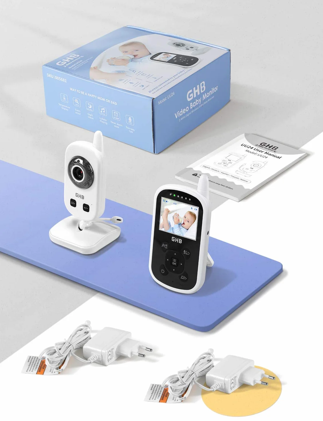 GHB Baby Monitor Videocamera Schermo 2.4" 950mAh VOX Visione Notturna Monitoraggio Temperatura