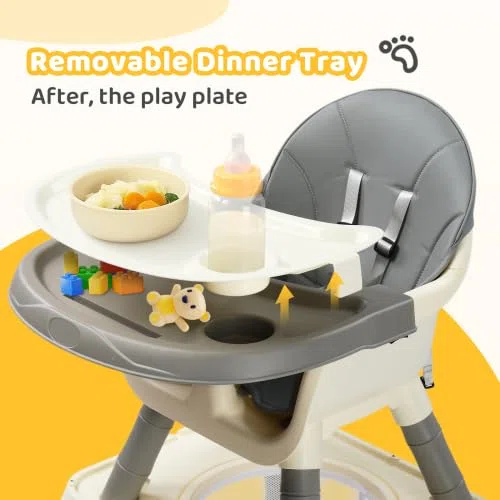 BONNLO Seggiolone Evolutivo per Bambini 7 IN 1, Imbottitura Confortevole, Doppio Vassoio, 6 Mesi-3 Anni 6-15 kg, Pieghevole Ultra Compatto, Leggero 4,9 kg, Grigio (Grigio)