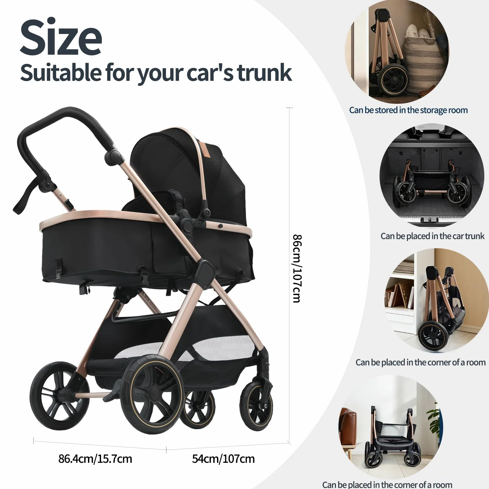 Passeggino 3 in 1, Trio Neonati da Viaggio Reversibile, Passeggino Pieghevole One-Click e Accessori Completi, Doppia Modalità di Freno per Ruote Anteriori e Posteriori