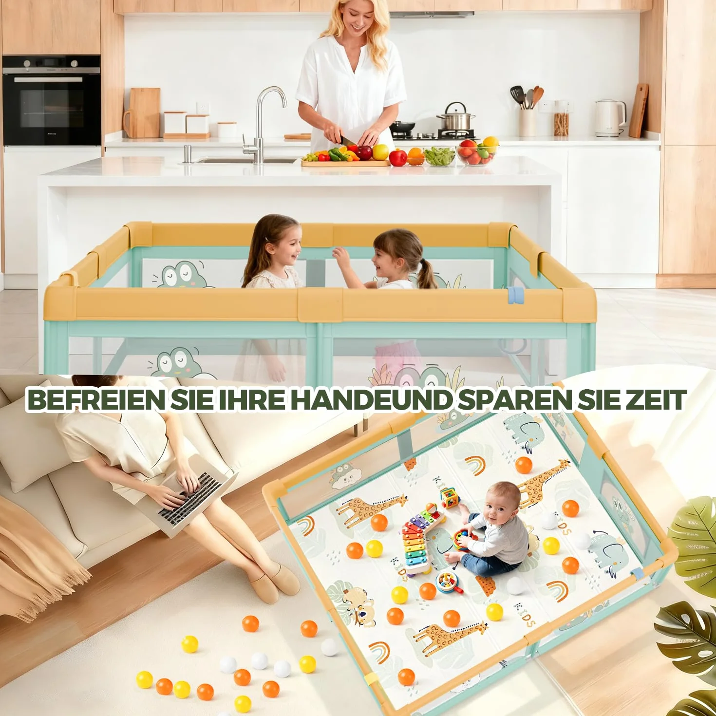 Box Bambini 180x200 con Tappeto, Recinto per Bambini con 360° Rete Traspirante, Tessuto Oxford, Laterali con Zip, Antiscivolo Robusta Centro Attività, 60 Palline, 4 Maniglie, Coccodrillo verde