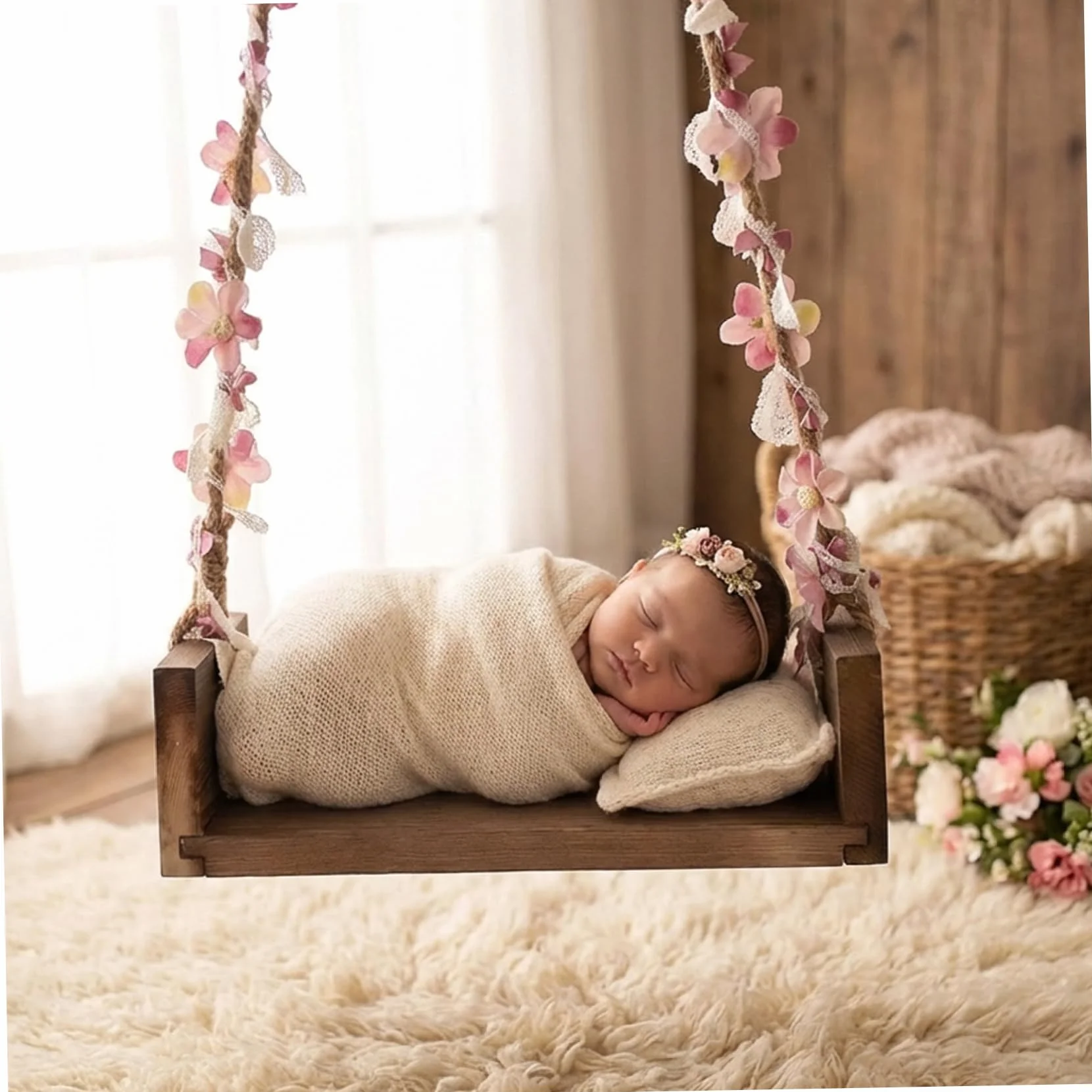 Altalena per neonato per foto, Altalena per neonato, Bambino in legno per fotografia - Sedile sospeso in macramè con corda floreale per accessori per foto, Sicuro e confortevole