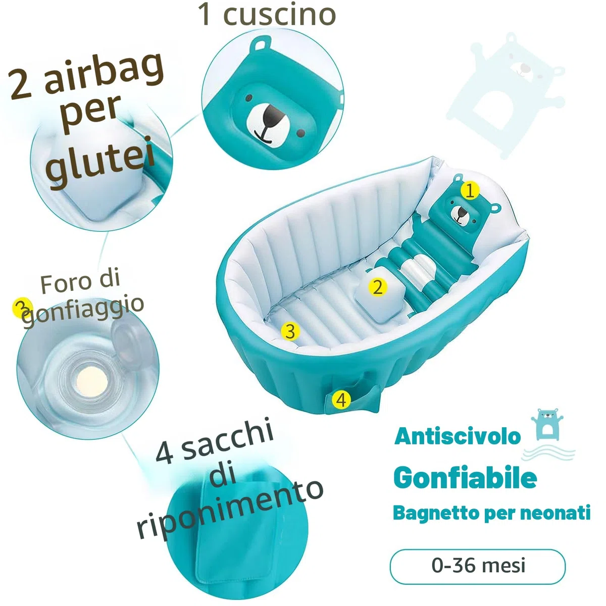 SANOTO Vasca da bagno per bambini 0-36 mesi, Gonfiabile Pieghevole Antiscivolo Morbido Vasca Da Bagno per Bambini Neonati, Navicella Portatile Bagnetto Pieghevole Bambino - Blu