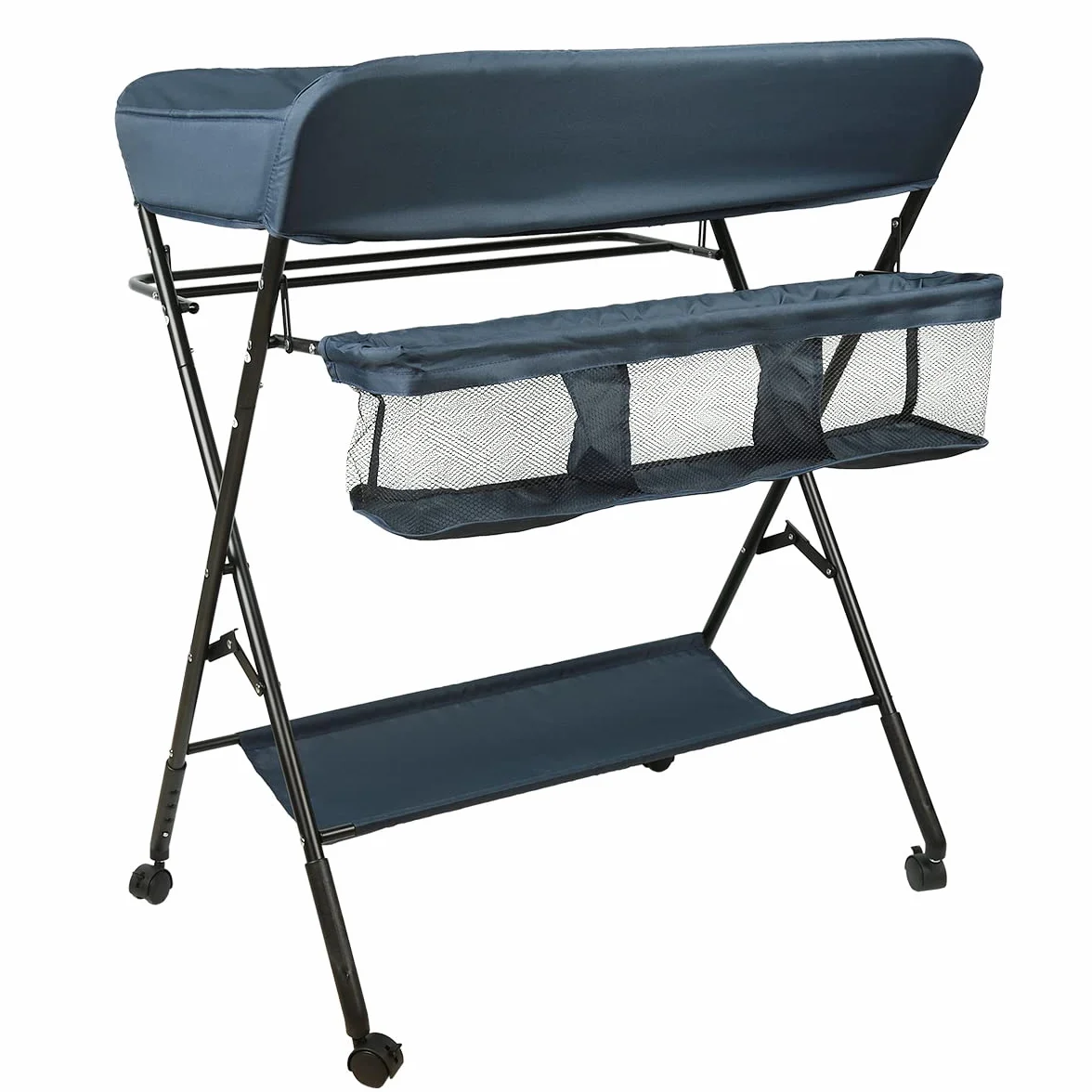 Fasciatoio Pieghevole con 4 Ruote Freno, Portatile Multifunzionale, 3 Regolabile in Altezza, Blu Navy