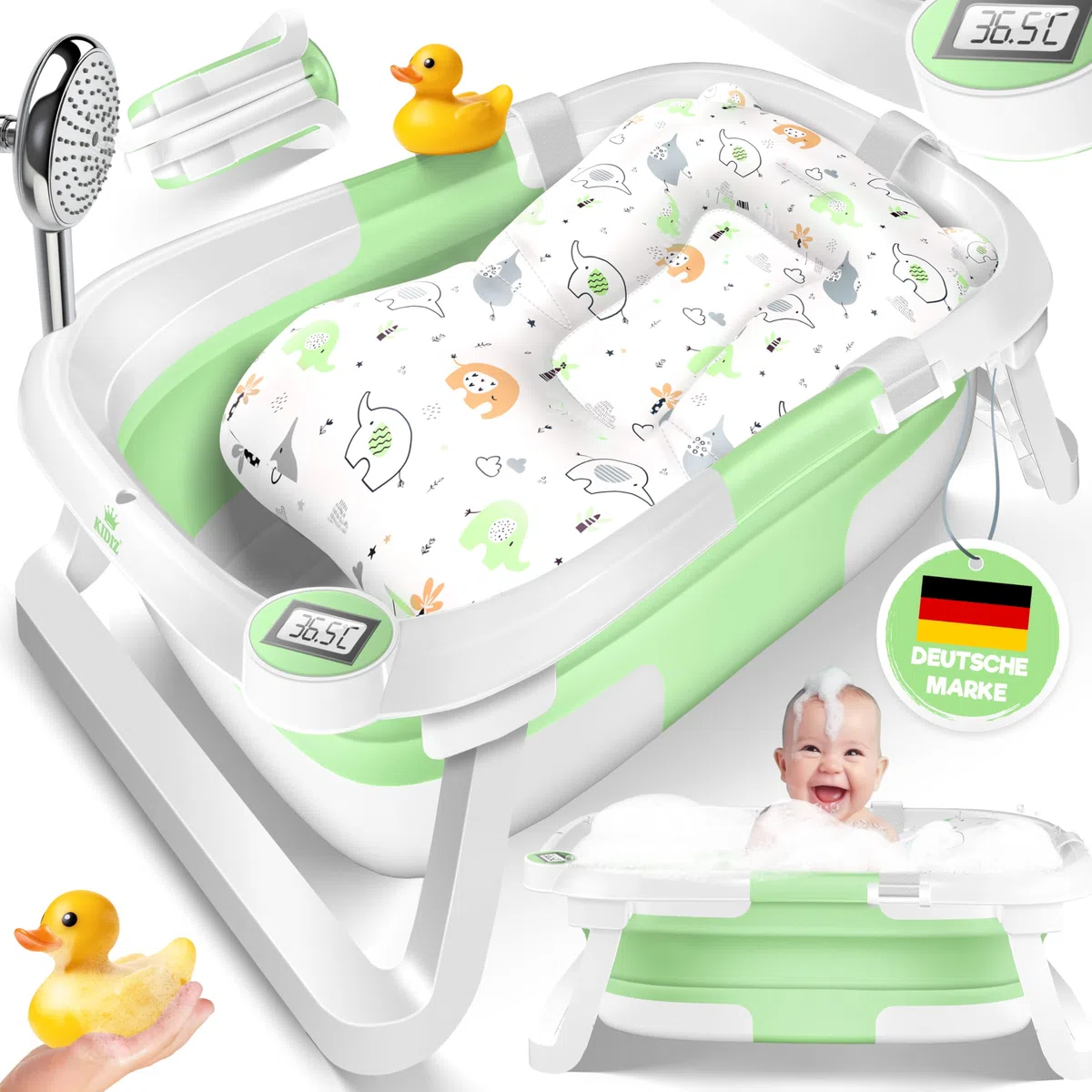 KIDIZ Vasca da bagno per bambini | Navicella salvaspazio e pieghevole | Piatto doccia per neonati da 0 a 24 mesi | Doccia da viaggio portatile per bambini | Bathtub ergonomico con termostato e cuscino