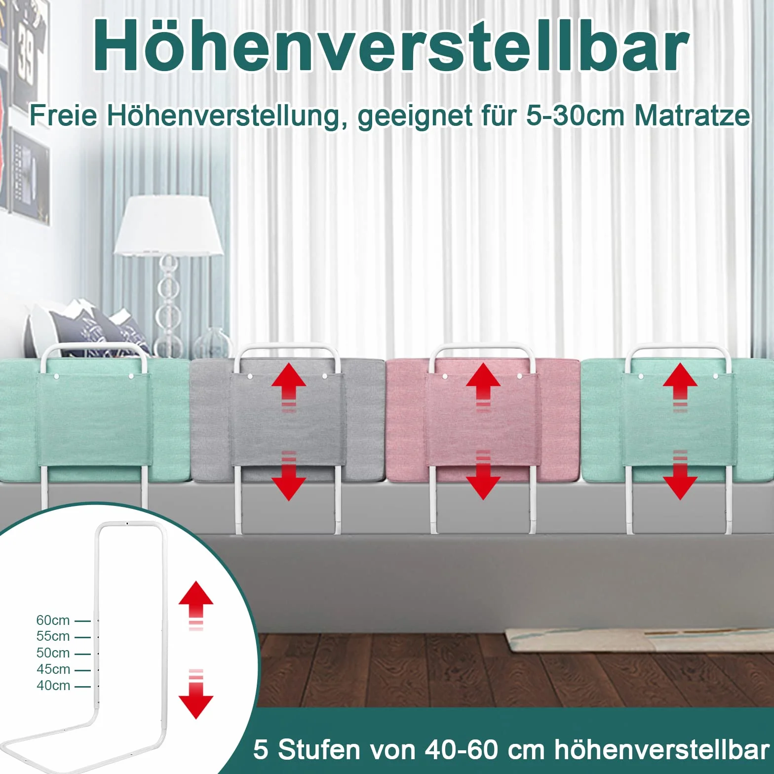 Uisebrt - 2 sponde di protezione per letto, 60 cm, protezione anticaduta, per bambini, 5 fori, regolabile in altezza, protezione di sicurezza, per neonati, bambini e ragazzi, 120 cm, colore rosa
