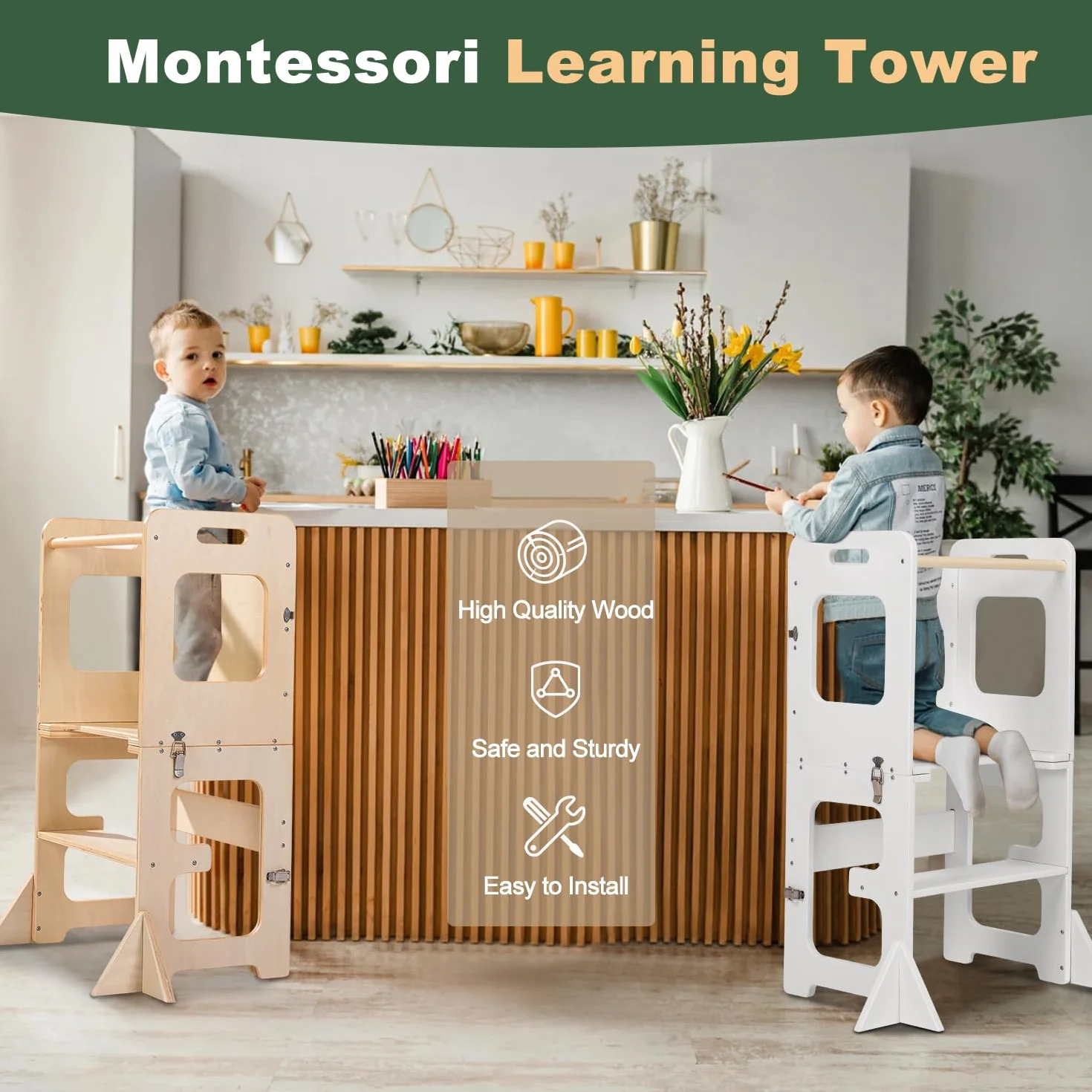 Labebe Torre Montessoriana Pieghevole 3-in-1 Apprendimento con Tavolo da Disegno Legno per Bambini 18+ Mesi Bianco