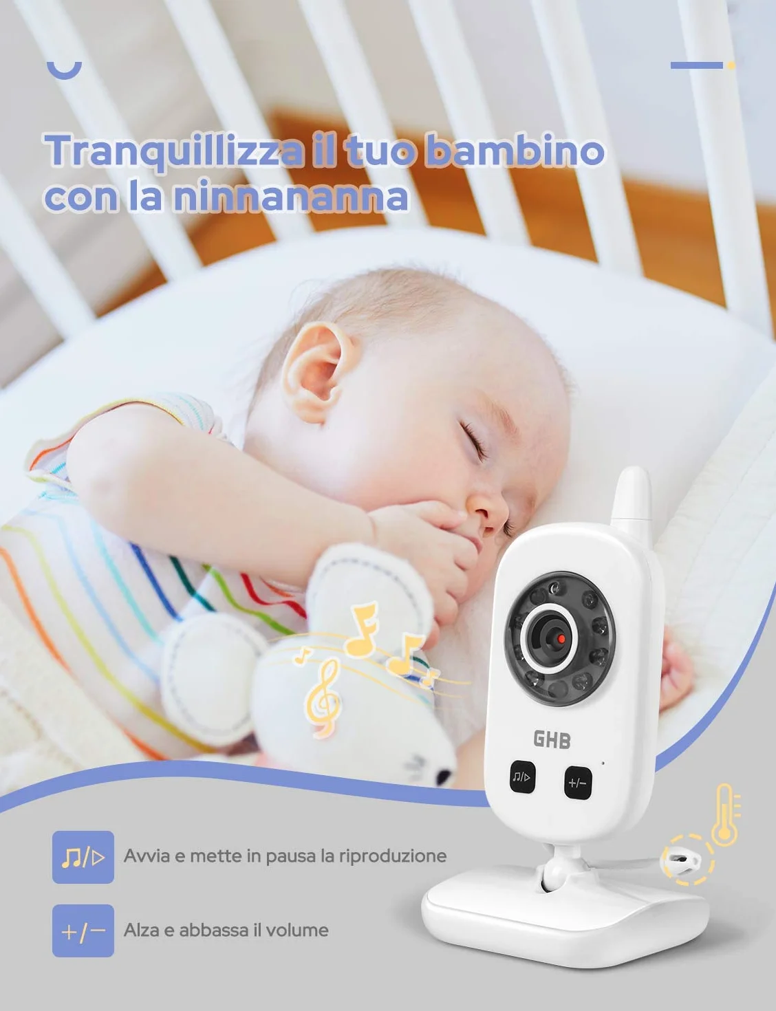 GHB Baby Monitor Videocamera Schermo 2.4" 950mAh VOX Visione Notturna Monitoraggio Temperatura