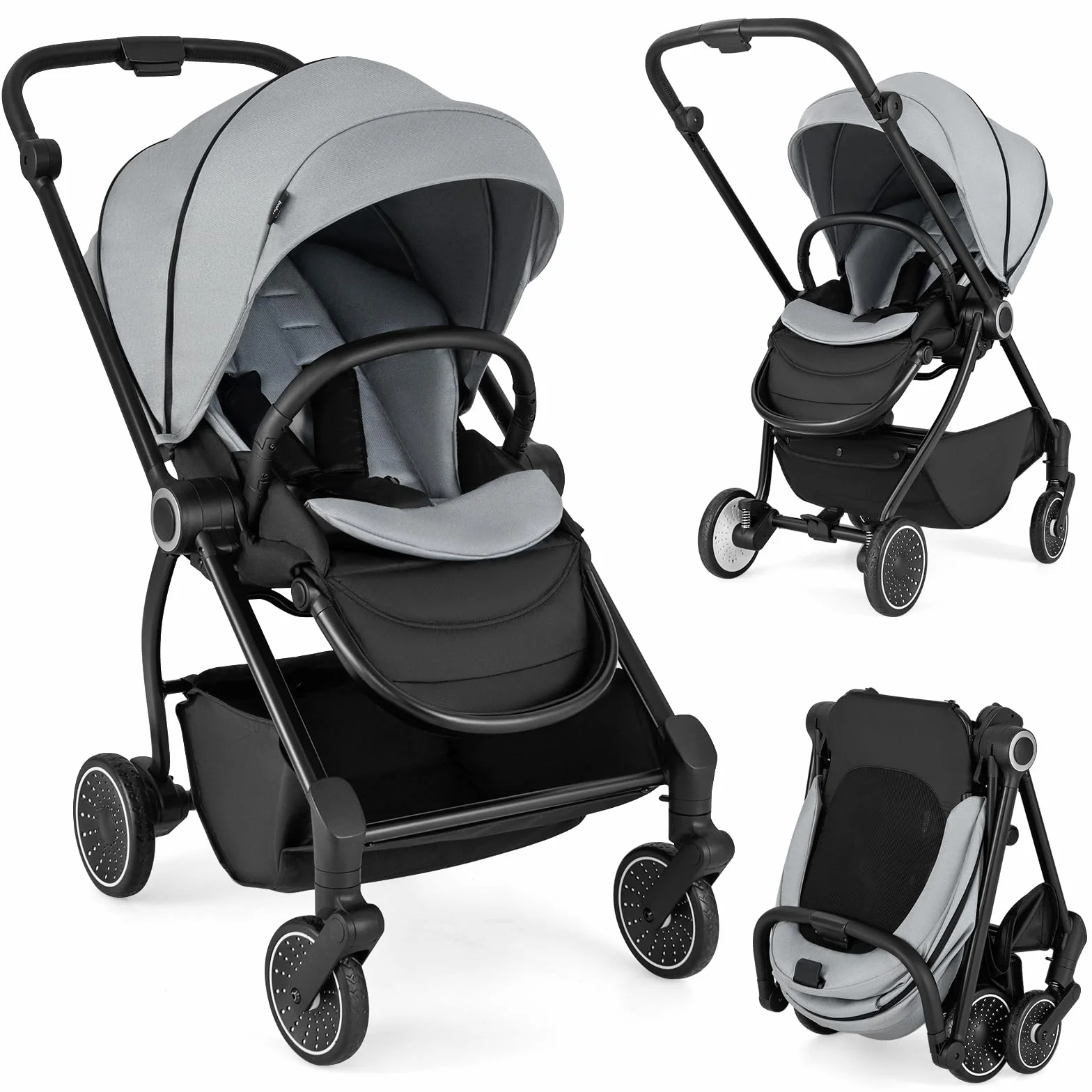 COSTWAY Passeggino per Bambini Reversibile Pieghevole con Schienale Reclinabile, 0-36 Mesi, 15 kg Grigio