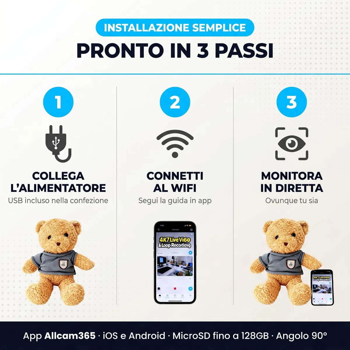 Orsacchiotto con Telecamera WiFi – Baby Monitor 4K e 1080P con Visione in Tempo Reale, Rilevamento Movimento con Notifiche, Supporto Micro SD 128GB, App Allcam365