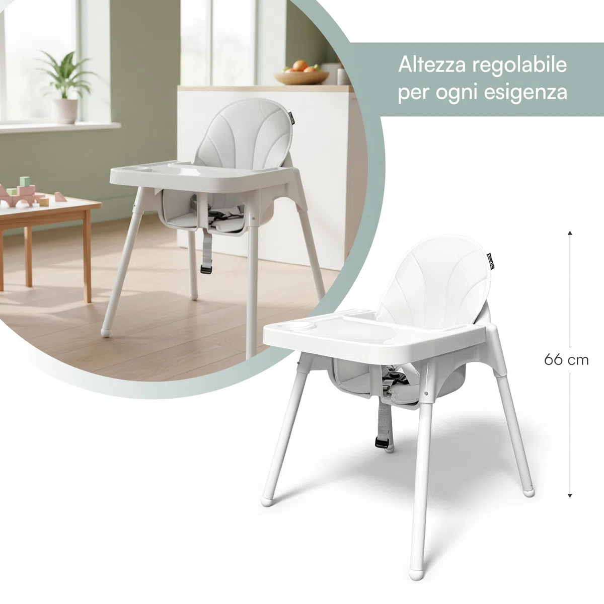 Seggiolone Pappa Bambini 2 Altezze 90/66 cm, Vassoio Removibile Regolabile, Cintura Sicurezza 3 Punti, Rivestimento Imbottito, Piedini Antiscivolo, Massimo 25 kg (Bianco)
