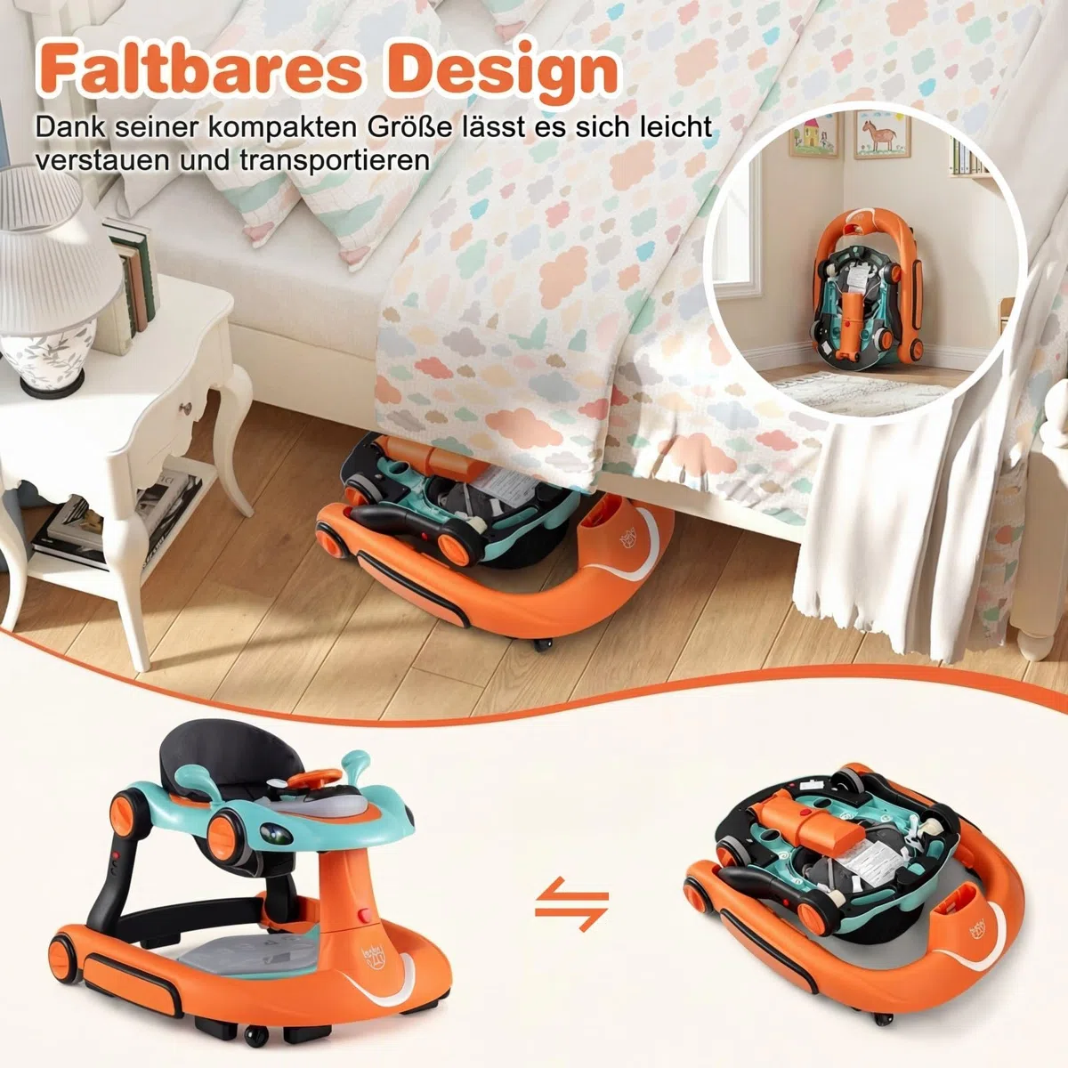 GIANTEX Girello per Bambini 7-18 Mesi 7 in 1, Baby Walker con Tettuccio, Vassoio di Giochi, Carillon, Luci, Primi Passi Piegevole, Altezza e Velocità Regolabili, Carrello da Spinta (Arancione + Verde)