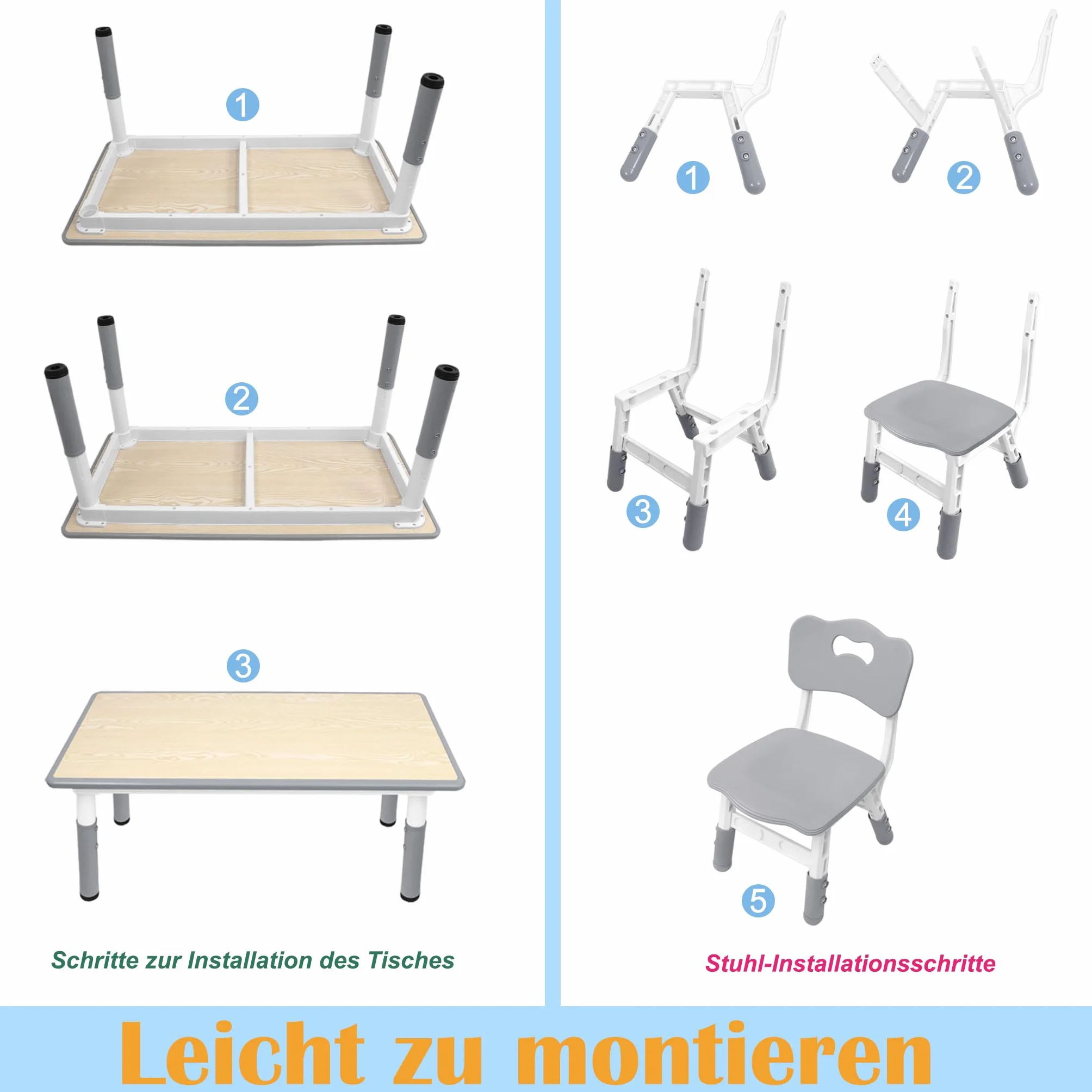 Aufun Tavolo per bambini con set di 4 sedie, dinette regolabile in altezza