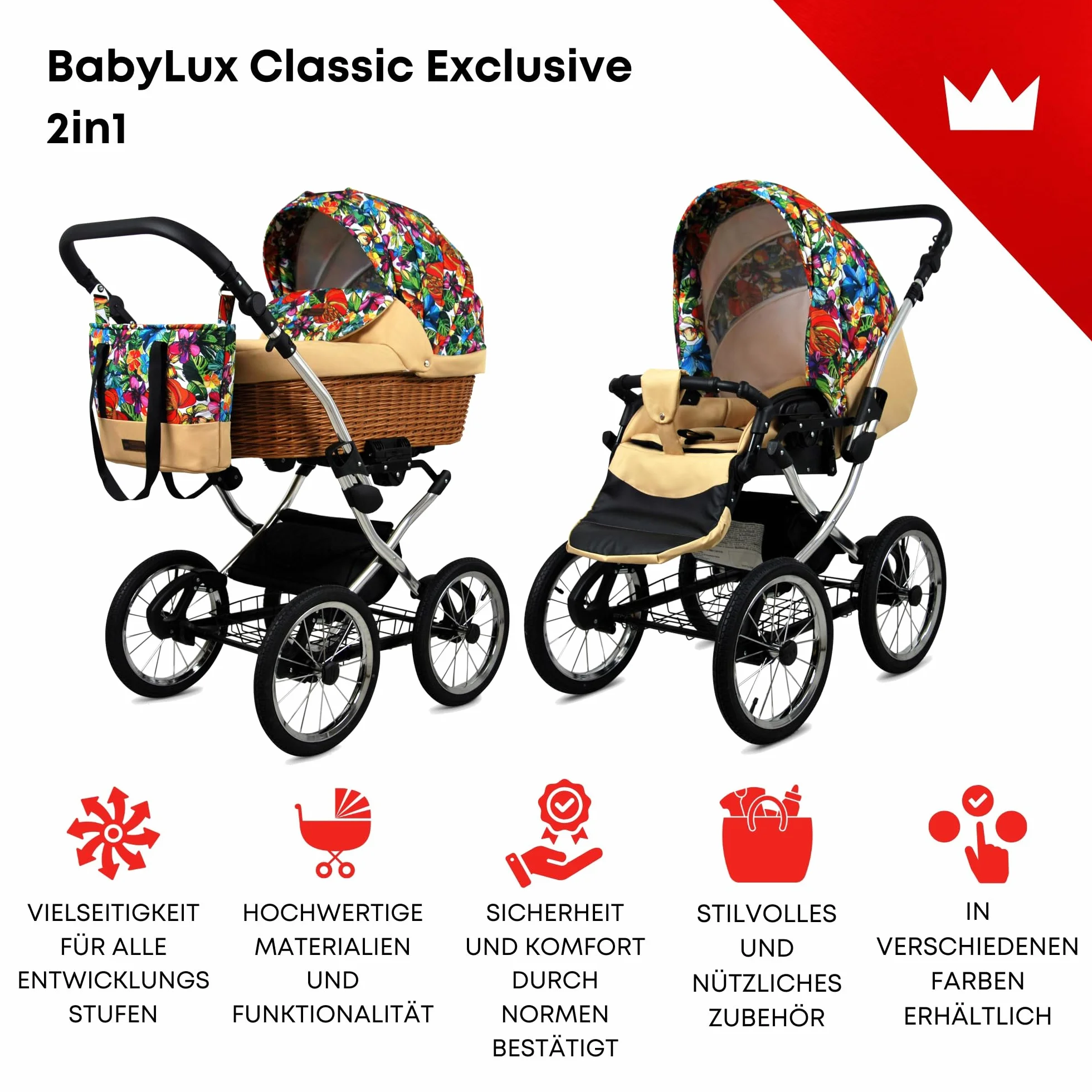 BabyLux ALU 2in1 Passeggino per Bambini - 59x105x125cm Max 15kg Jungle Flowers Silver Frame