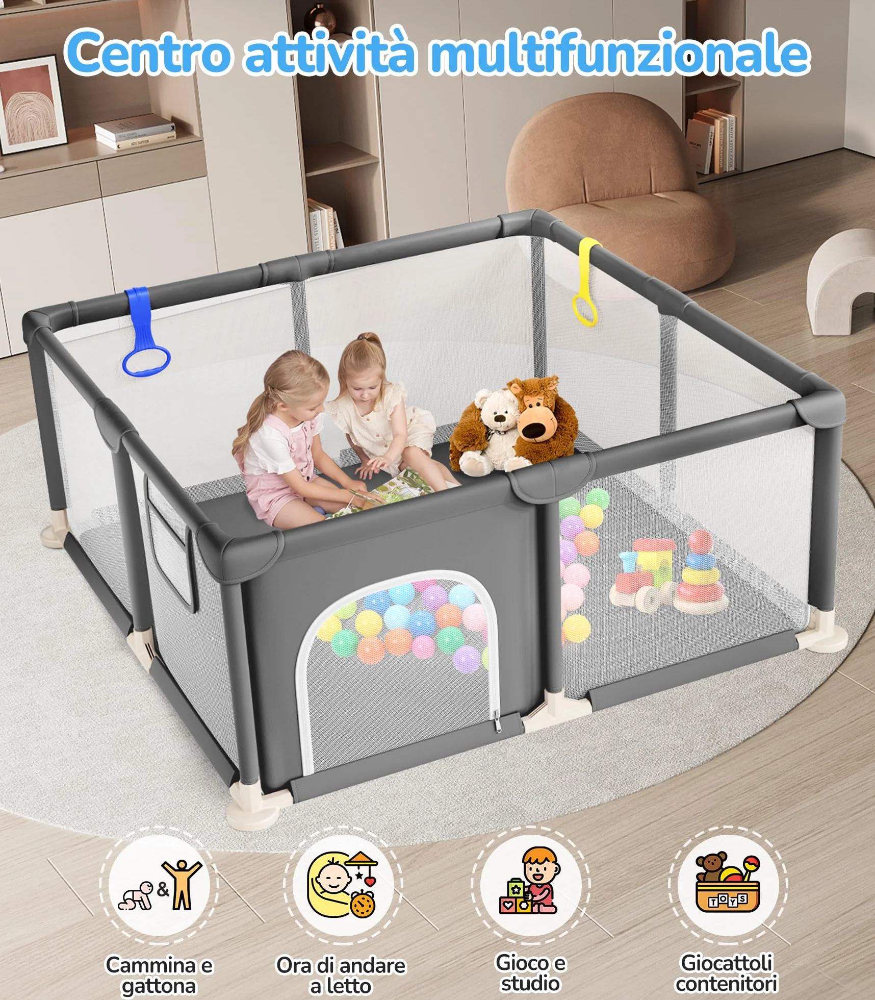 Dripex Box per Bambini Recinto Neonato 124 x 124 cm Rete Traspirante Tessuto Oxford 210D Grigio Scuro