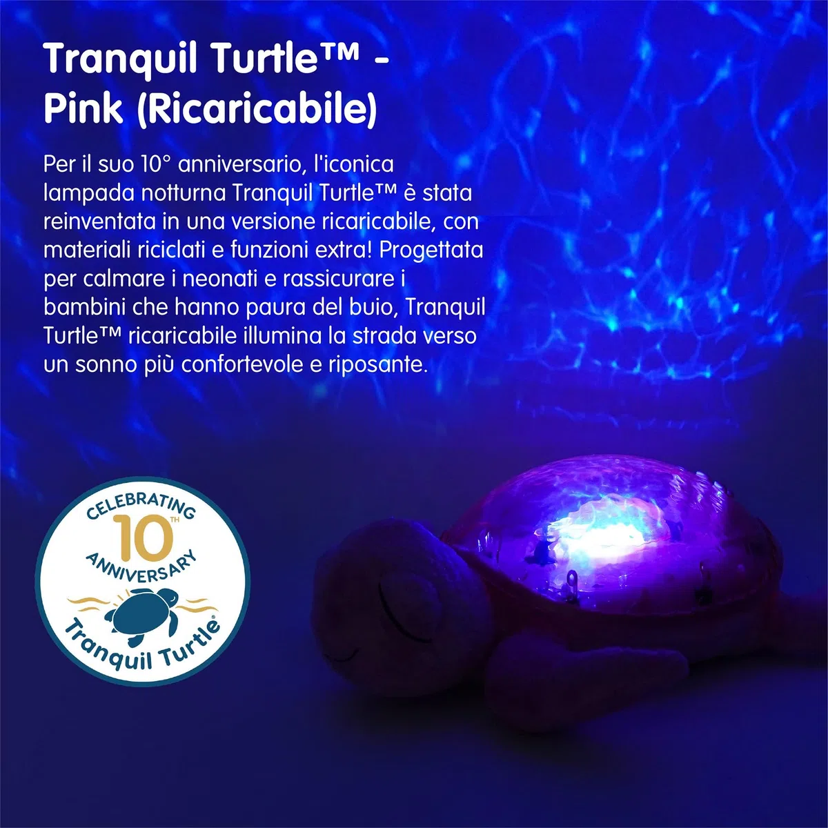 Cloud B Luce notturna musicale a forma di tartaruga rosa | 1 proiettore oceanico + 2 rumori bianchi + 2 suoni rassicuranti | Sensore di pianto | Tranquil Turtle Rosa ricaricabile