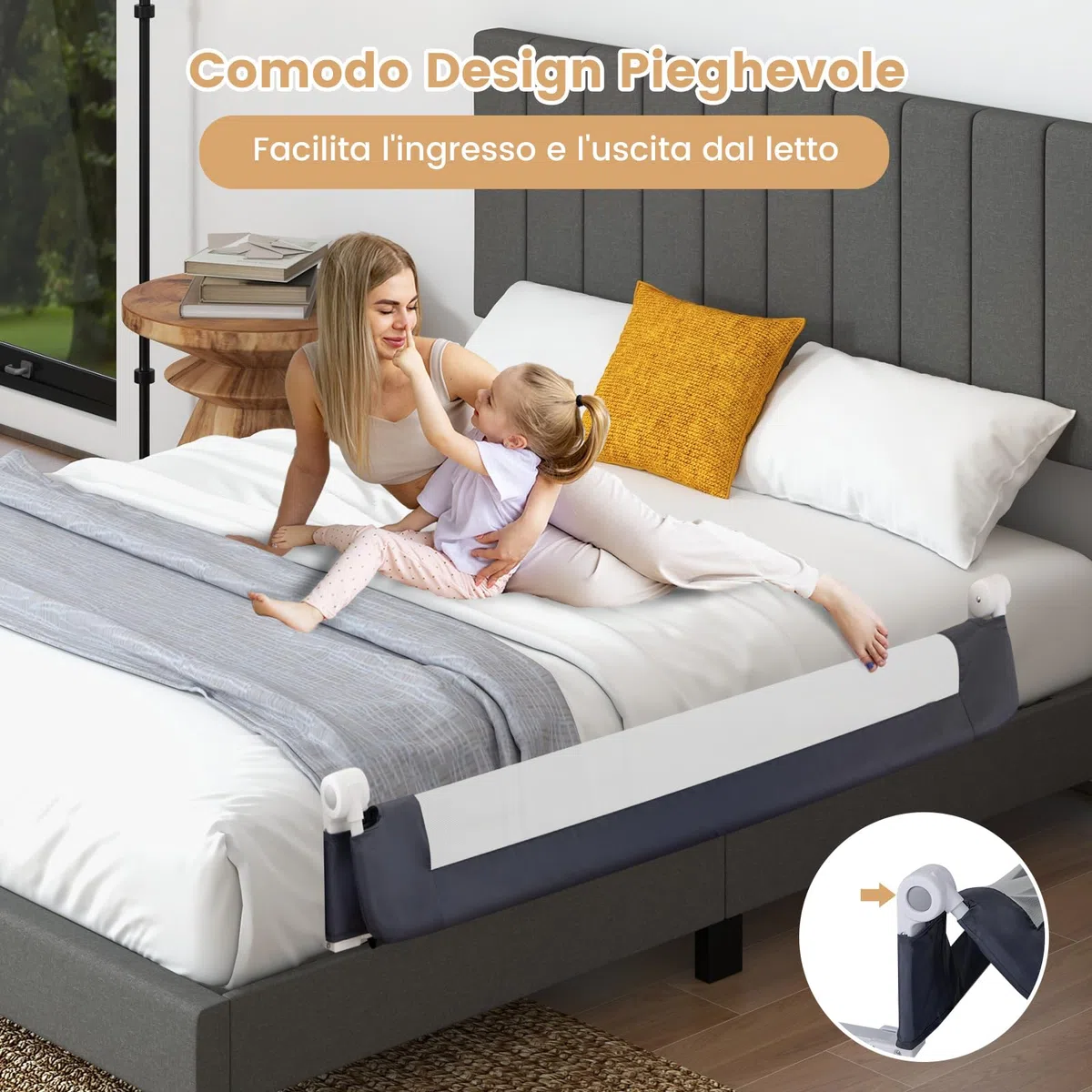 COSTWAY Sponda Letto per Bambini 105/120/150 cm, Barriera di Sicurezza per Neonati, Barriera Letto Pieghevole e Portatile, con Cinghia di Sicurezza (Grigio, 152 x 34 x 42 cm)